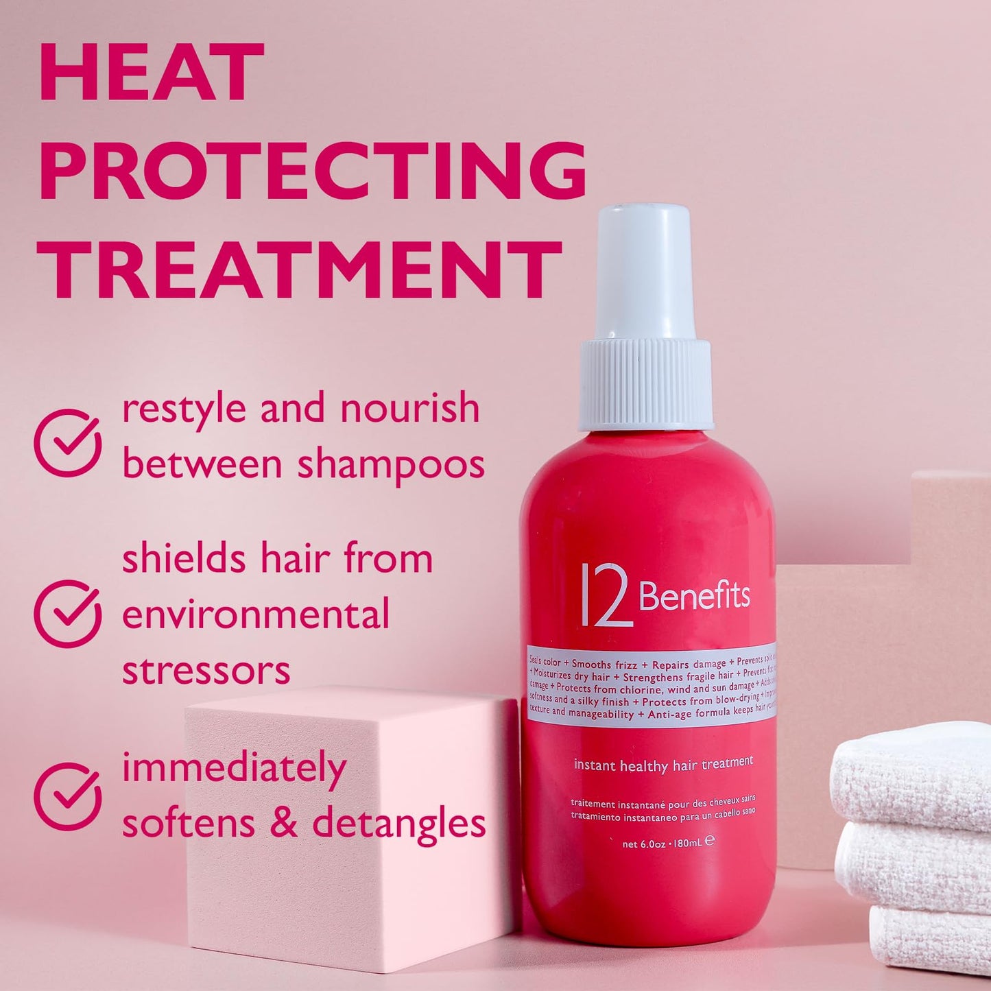 12 Benefits Instant Healthy Hair Treatment - Leave In Conditioner Spray with Quaternium 39 and Silk Fibre Protein - Smooths Frizz, Strengthens & Repairs Damaged Hair - (6 Fl Oz), Packaging May Vary