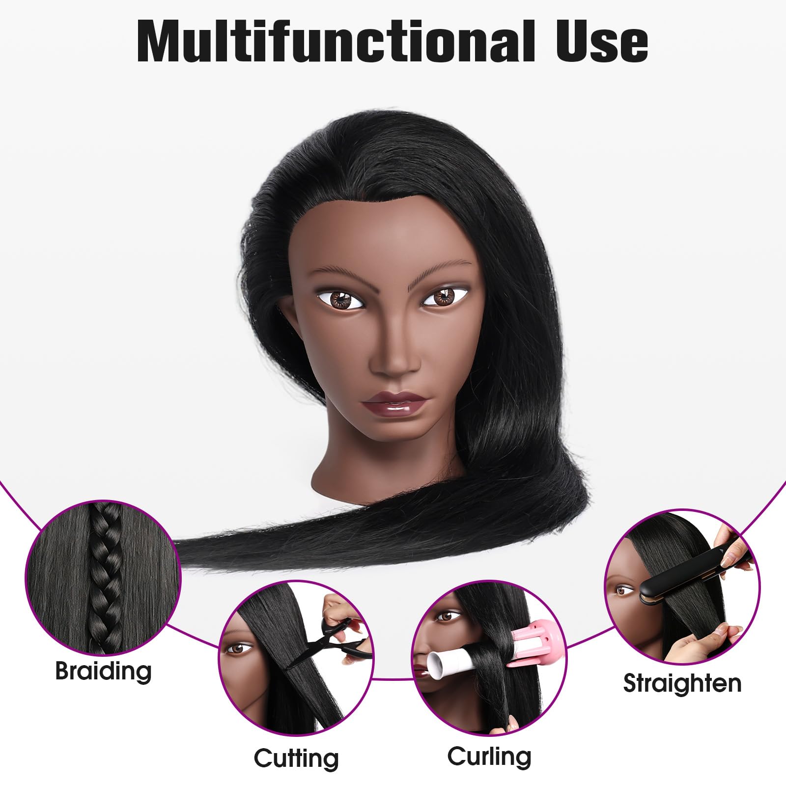 Mannequin Head Human Hair, 26" Cosmetology Mannequin Head with 80% Human Hair, Doll Head for Hair Styling with Clamp Holder and Tools (Black)