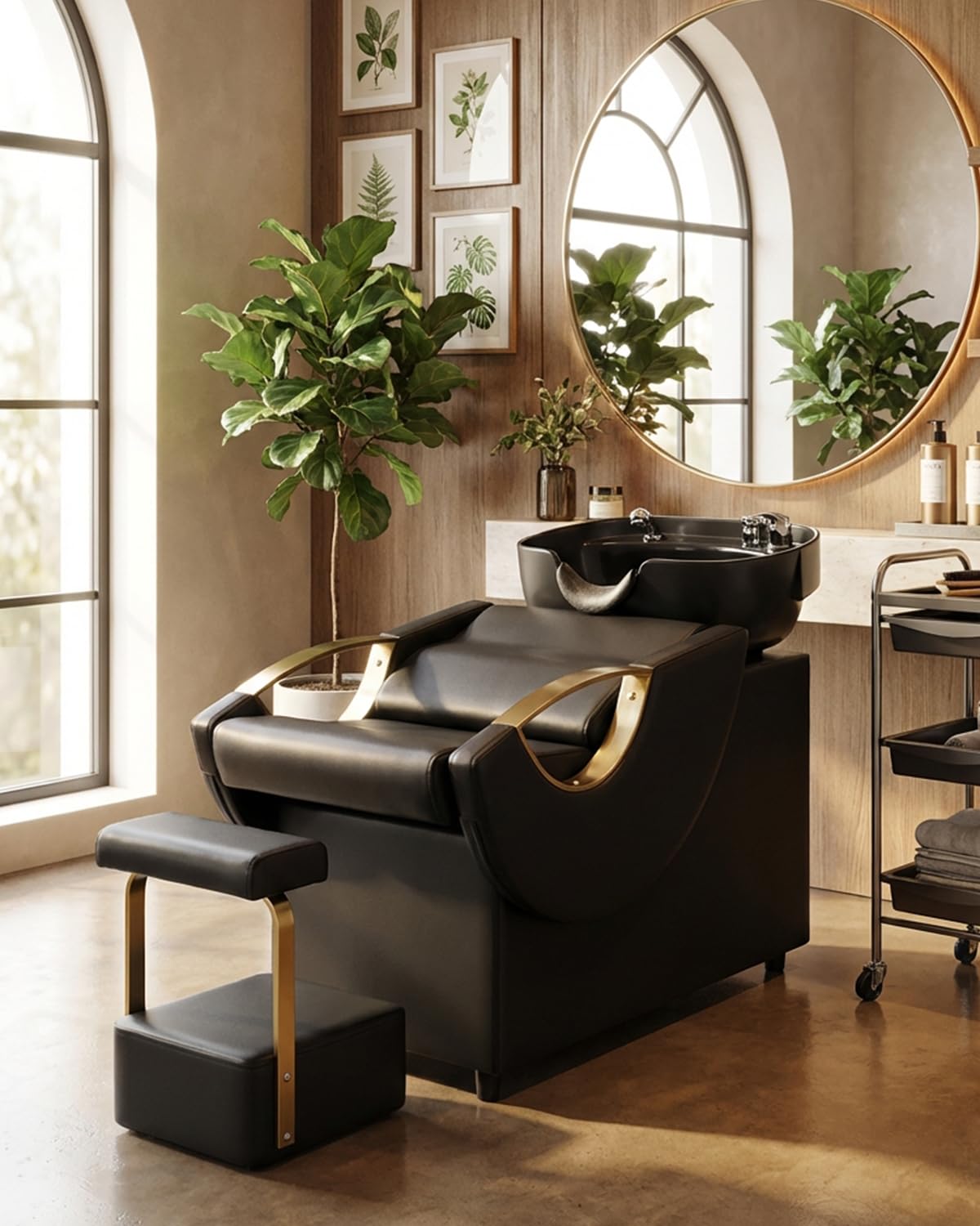 Black IJIALIFE Shampoo Bowl and Chair Set for Salon – Backwash Barber Sink Station with Footstool & Gold Armrests – Heavy Duty 450lbs Hair Washing Chair with Deep Basin & Neck Rest for Spa Beauty Stylist