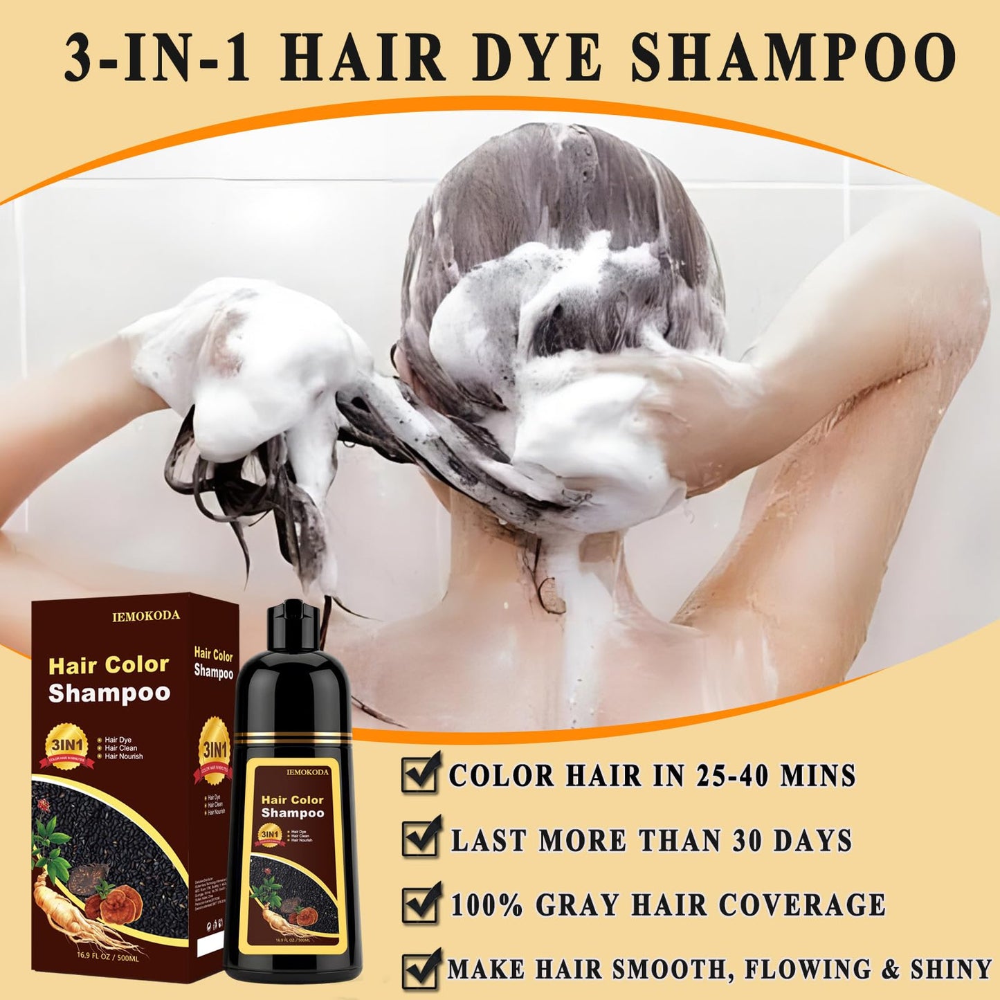 Lavender Black Long-Lasting & Natural Hair Color Shampoo - 3 in 1 for Gray Coverage, Instant Effect in Minutes for Men & Women, 16.9 Fl Oz