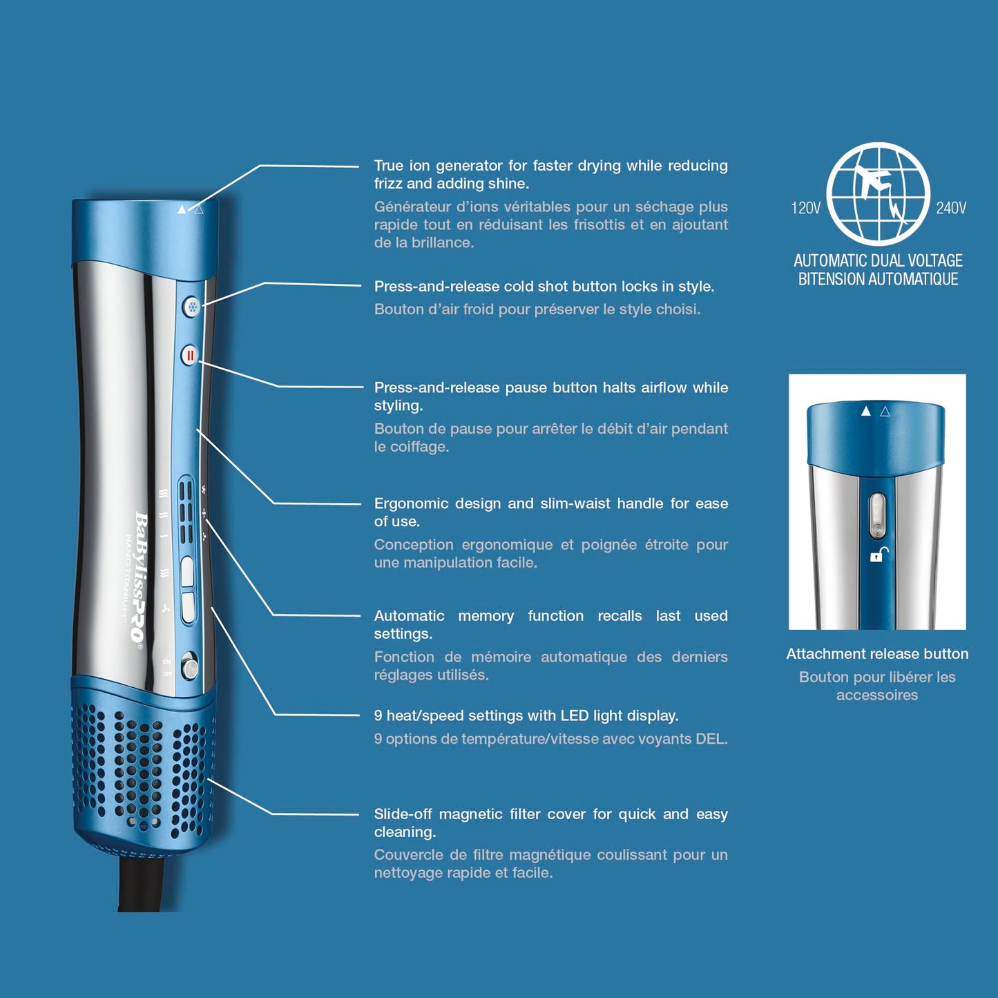 BaBylissPRO Nano Titanium Style/Switch Ionic 5 in 1 Multi-Styler & Hair Blow Dryer Attachments Include-Dryer, Paddle Brush, 1-3/4" Round Brush, Diffuser & Smoothing Attachment, Cold Shot, Hot Air Styler, Dual Voltage