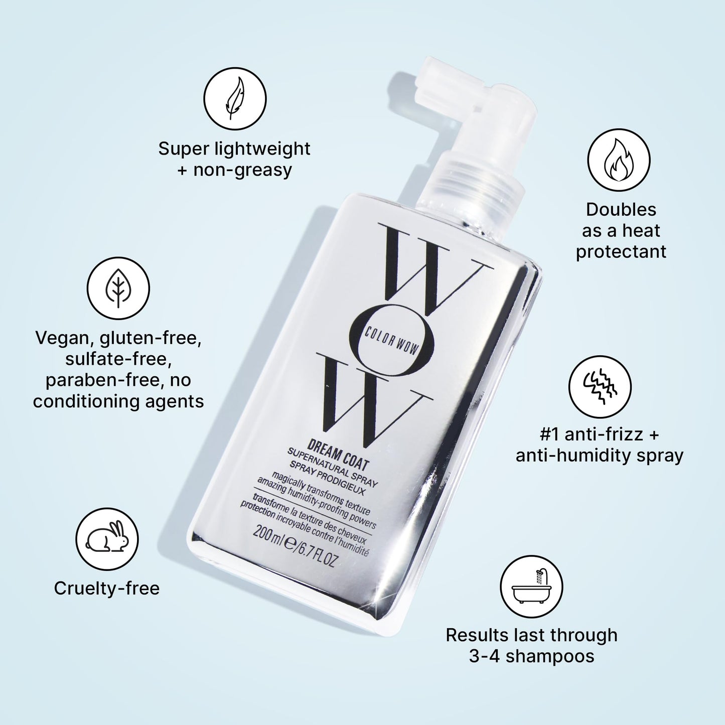 Spray surnaturel COLOR WOW Dream Coat, 200 ml – Gardez vos cheveux sans frisottis et brillants, quelle que soit la météo, grâce à ce traitement anti-humidité primé