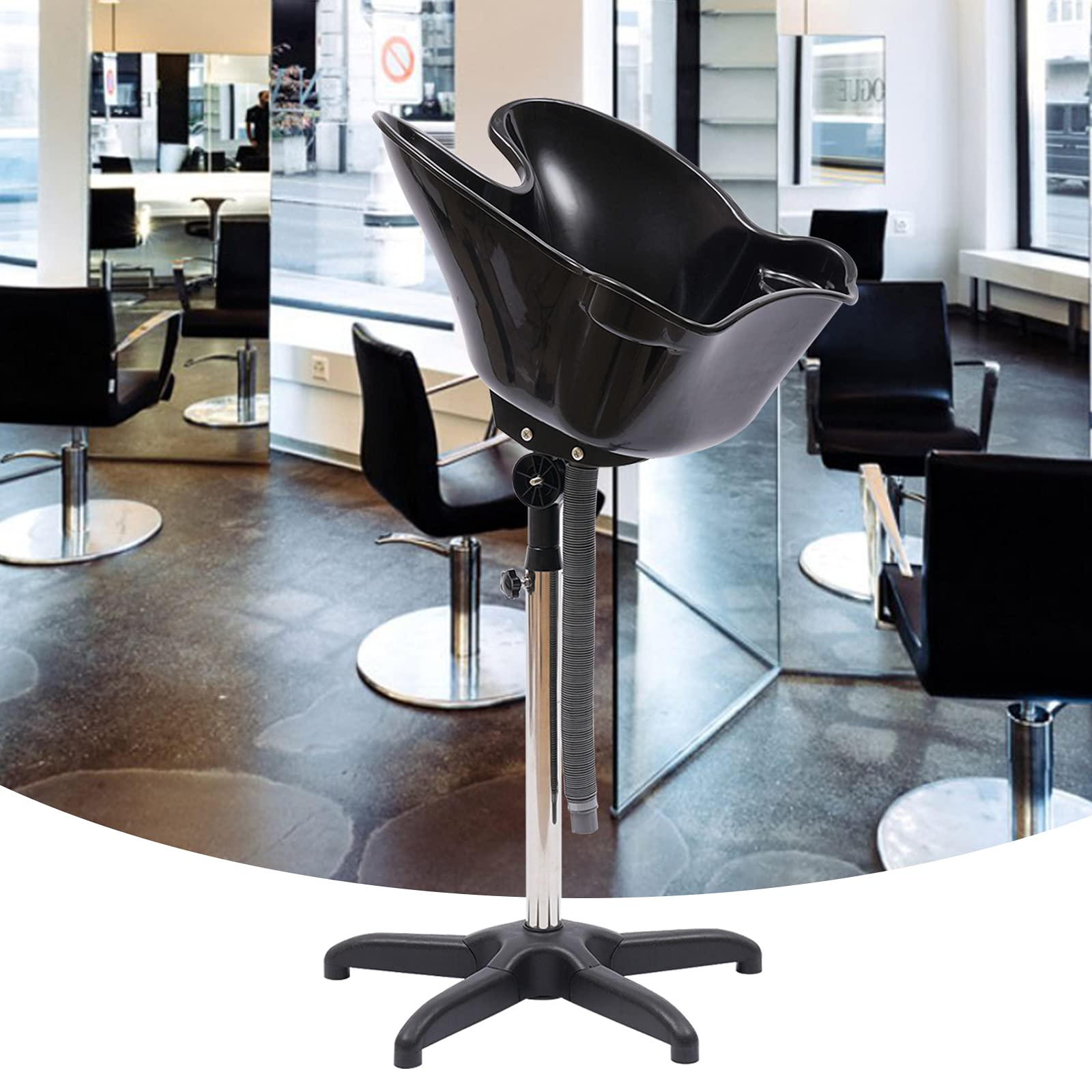 Shampoo Bowl Portable Salon Sink with Adjustable Height and Drain, Hair Washing Basin Salon Chair Barber Deep Bowl with Drain Hose