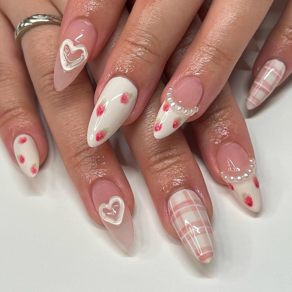Press On Alcove - Cute Strawberry 3D Love Heart & Pearl Design False Nails: Medium Almond, Artificial Acrylic, Full Coverage, Reusable Coffin, Glue On Nails for Women