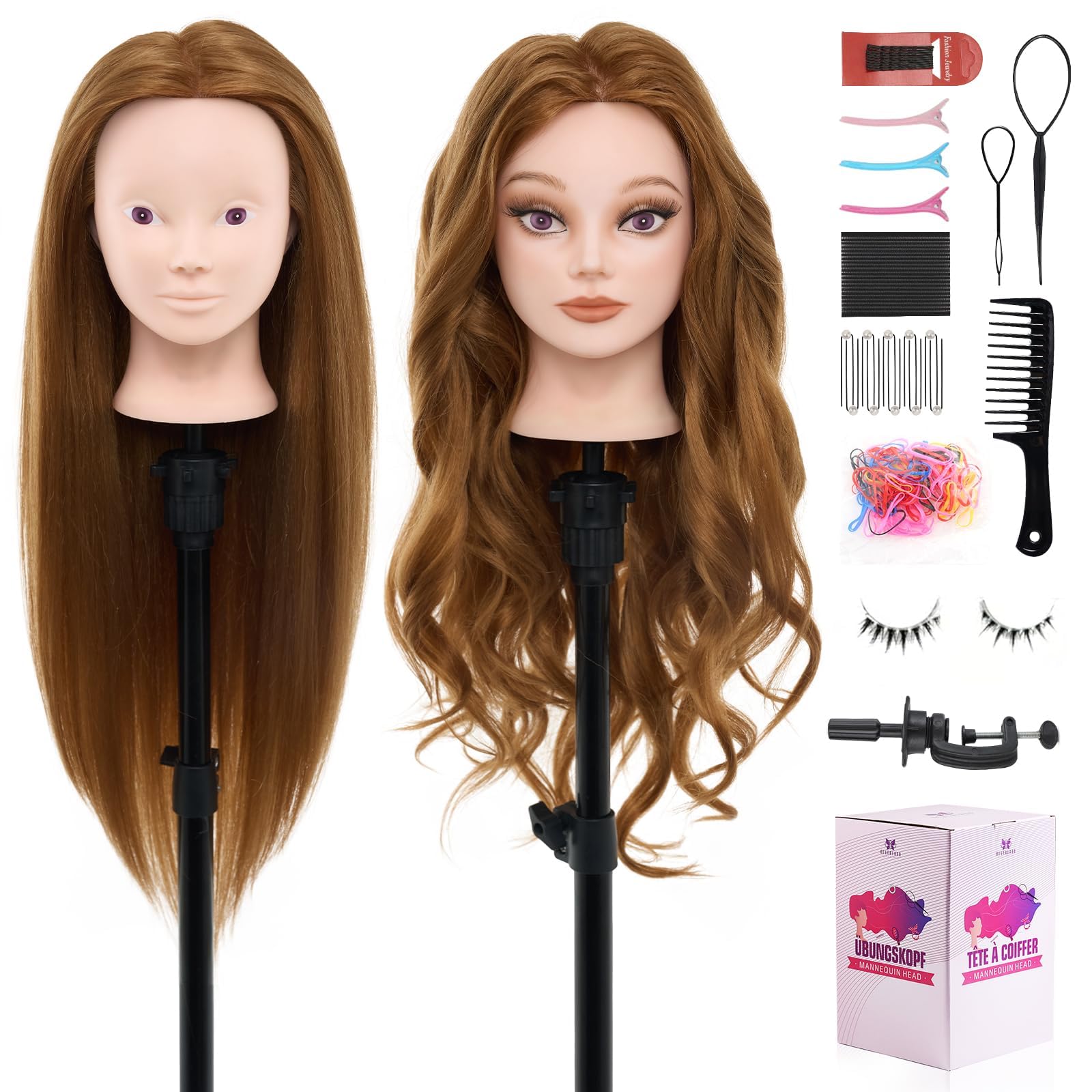 Mannequin Head 80% Human Hair - 28" Makeup Manikin Doll Head for Hair Styling, Hairdressing Training Practice Braiding for Cosmetology Students, Professionals & Practice Exams