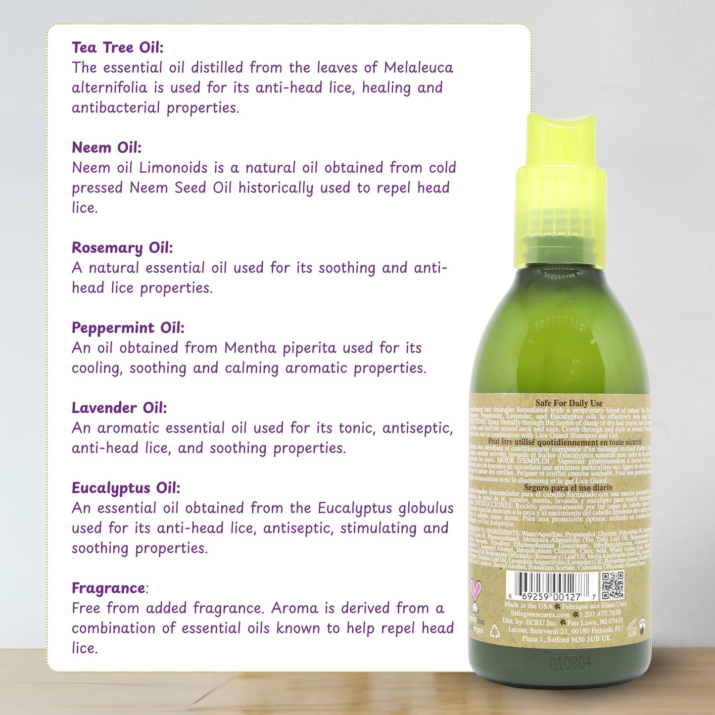 Little Green Kids Lice Guard Detangling Spray, Hair Detangler For Kids, Lice Prevention Spray, Contains Tea Tree Oil, 8oz