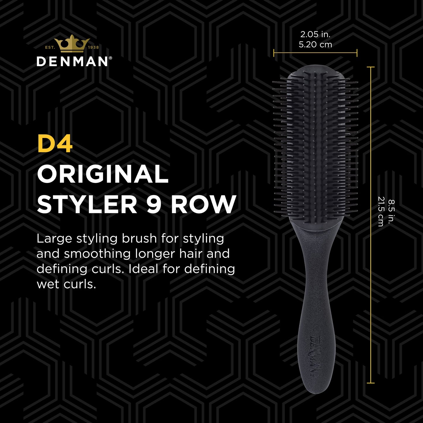 Brosse à cheveux bouclés Denman D4 (noire) à 9 rangs pour coiffer, lisser les cheveux longs et définir les boucles – Pour femmes et hommes