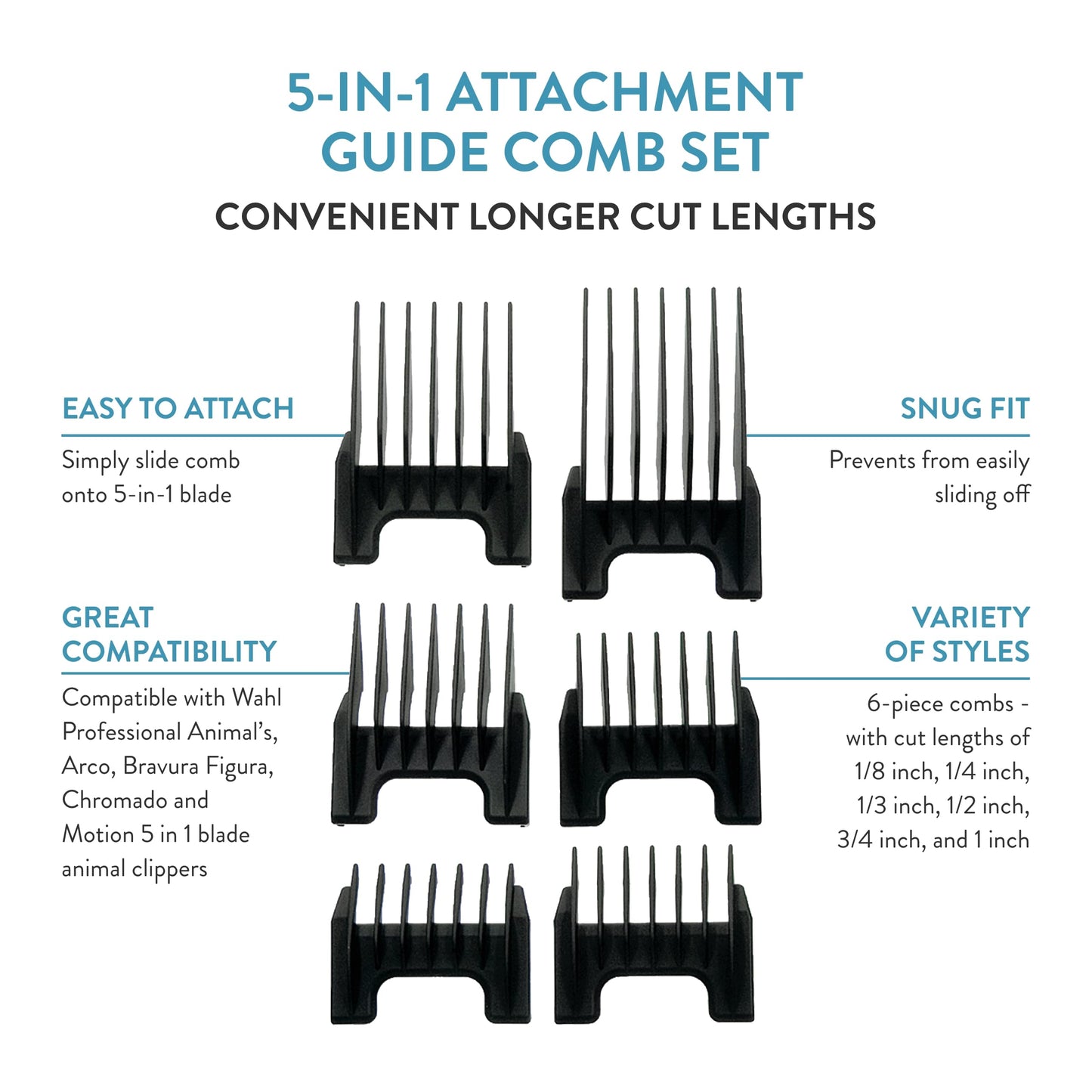 WAHL Professional Animal 5-in-1 Clipper Attachment Guide Comb Grooming Set for Wahl's Arco, 5- Style Groom, Bravura, Figura, Chromado, Creativa, and Motion Pet, Dog, Cat, and Horse Clippers