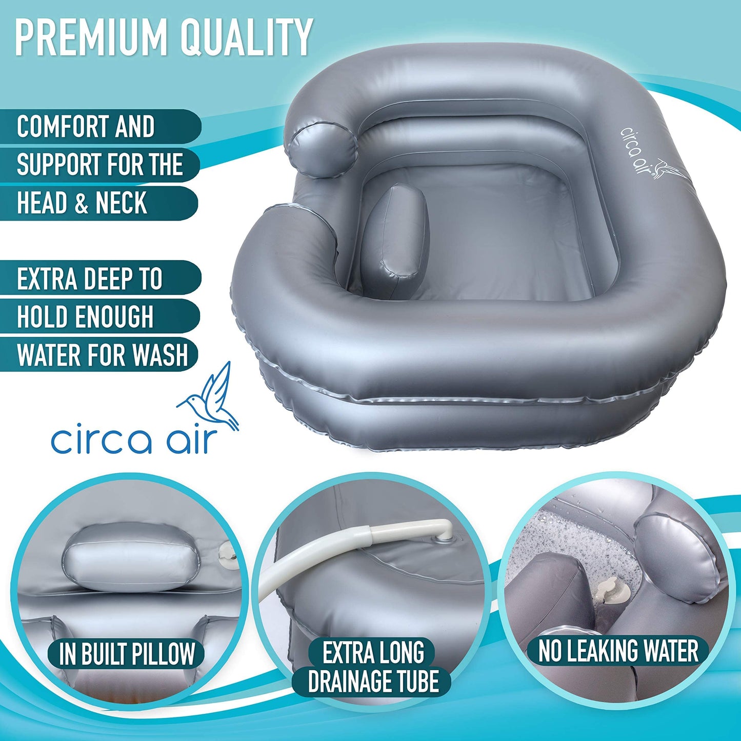White Smoke Circa Air Inflatable Hair Washing Basin For Bedridden - Wash Hair In Bed With Shampoo Basin. Portable Shampoo Bowl With Pillow For Extra Comfort. The Perfect Inflatable Sink For Locs Detox