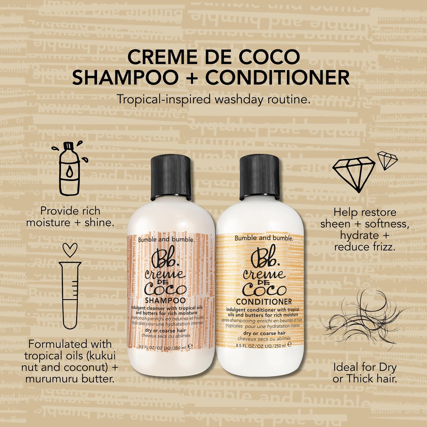 Bumble and bumble. Creme De Coco Coconut Shampoo | For Rich Moisture | Anti Frizz + Hydrating | Curly, Wavy, Straight, 33.8 Fl Oz