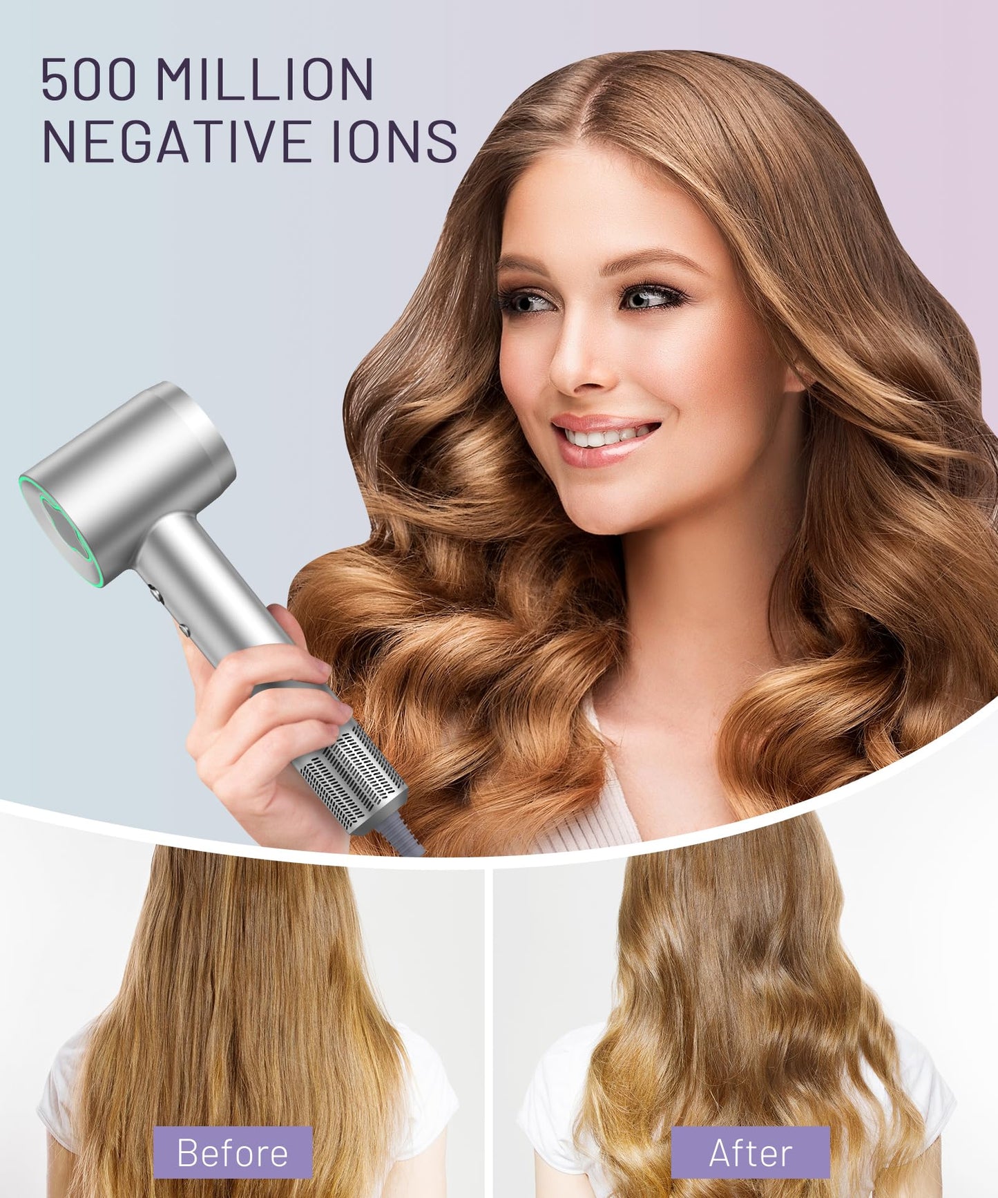 Sèche-cheveux - Moteur sans balais haute vitesse 150 000 tr/min, sèche-cheveux ionique négatif pour un séchage rapide, faible bruit, contrôle thermique, avec diffuseur et buse, argenté