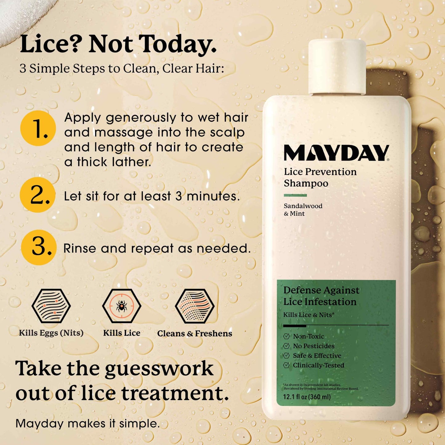 MAYDAY Lice Prevention Shampoo - Sandalwood & Mint - 12oz, Non-Toxic, Pesticide-Free, Scientifically Proven Treatment & Defense Against Lice & Nits, Shampoo for Adults & Kids, Safe for All Hair Types