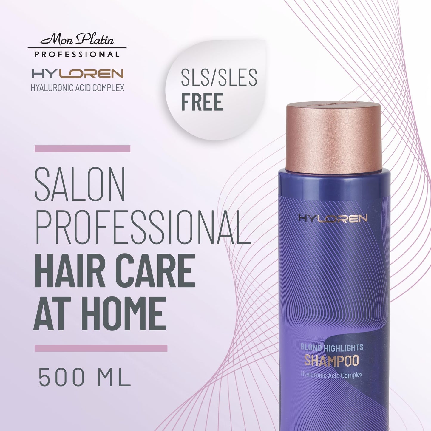 Mon Platin Professional HY Loren 金发洗发水，含透明质酸，适用于金发和挑染发质，金发洗发水，不含 SLS/SLES，保湿洗发水，紫色洗发水，500ml