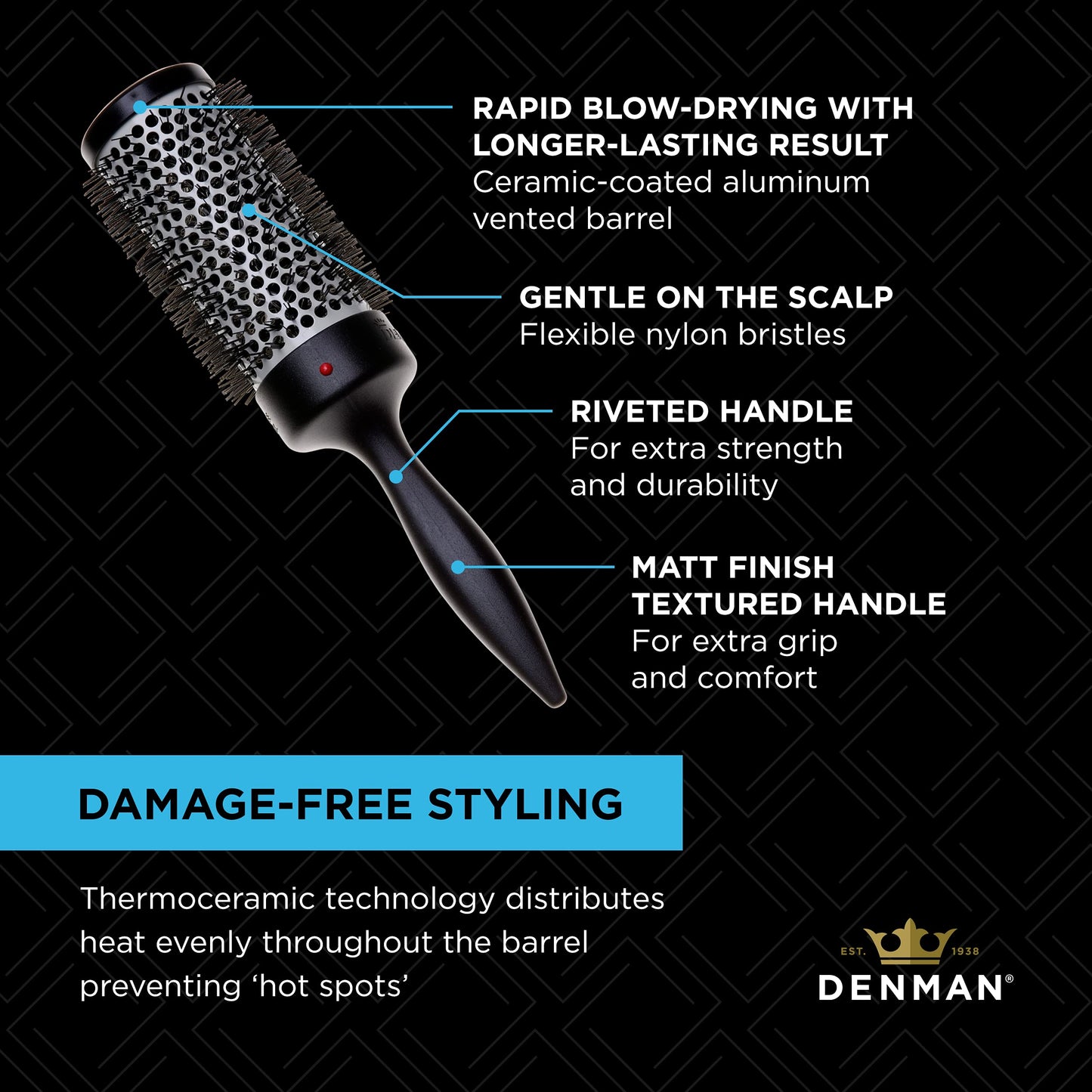 Denman (D76) Thermoceramic Vented Barrel Round Hair Brush with Nylon Bristles for Fast Drying, Volume and Creating Movement in the Hair, Black and White