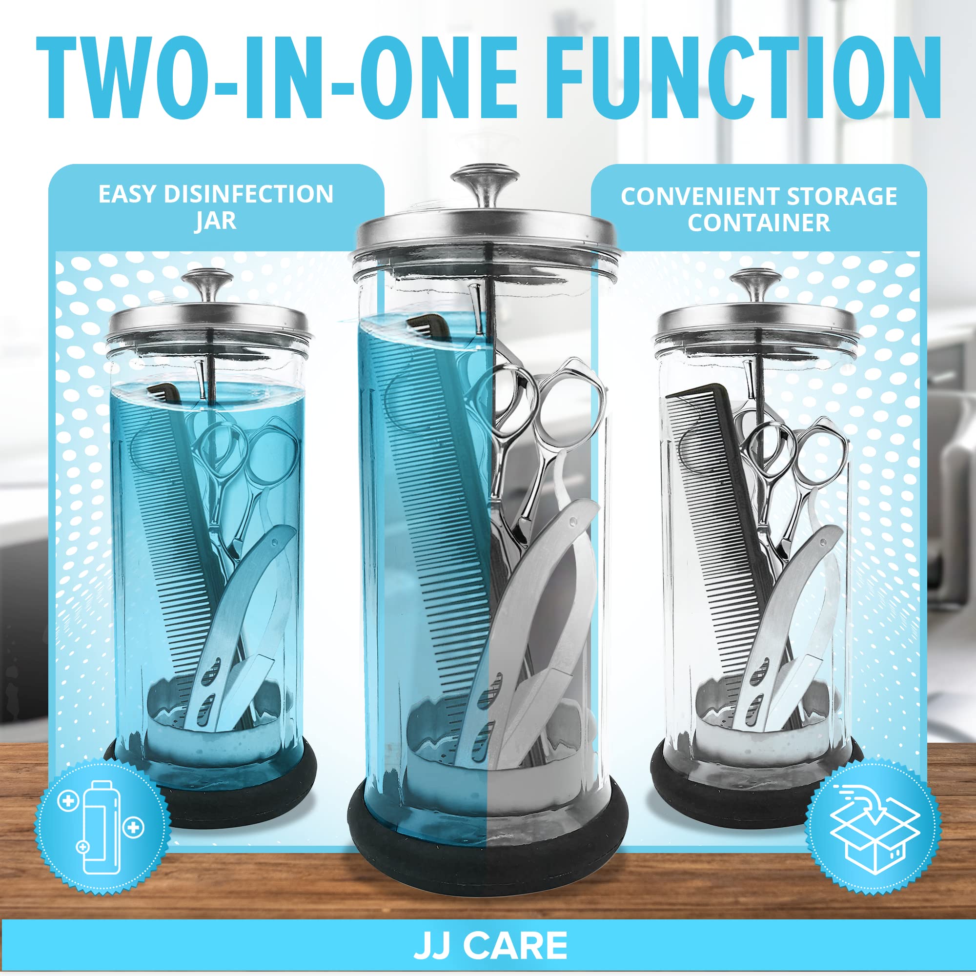 JJ CARE Disinfectant Jar (42oz) - Barber Disinfectant Jar Glass, Sanitizer Container w/Stainless Steel Removable Strainer & Cap for Manicure, Salon, Spa and Barber Tools - Silver Lid