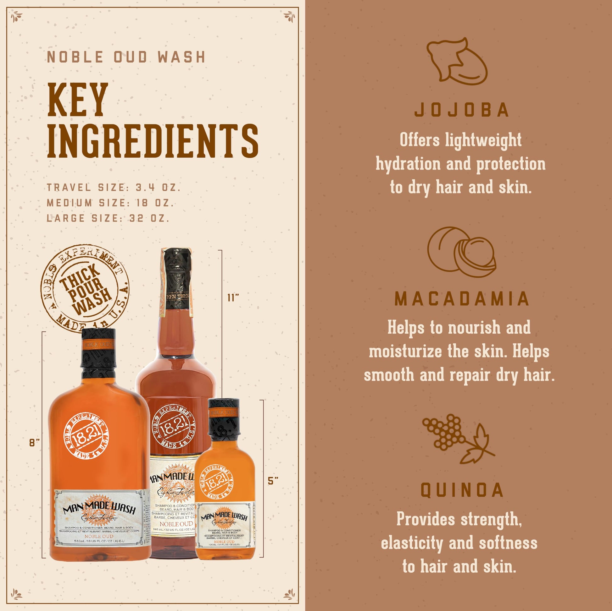 Rosy Brown 18.21 Man Made Original Noble Oud 3-in-1 Body Wash, Shampoo, & Conditioner for Men, All Hair & Skin Types, Strengthens and Moisturizes in a Manly Aroma, 32oz