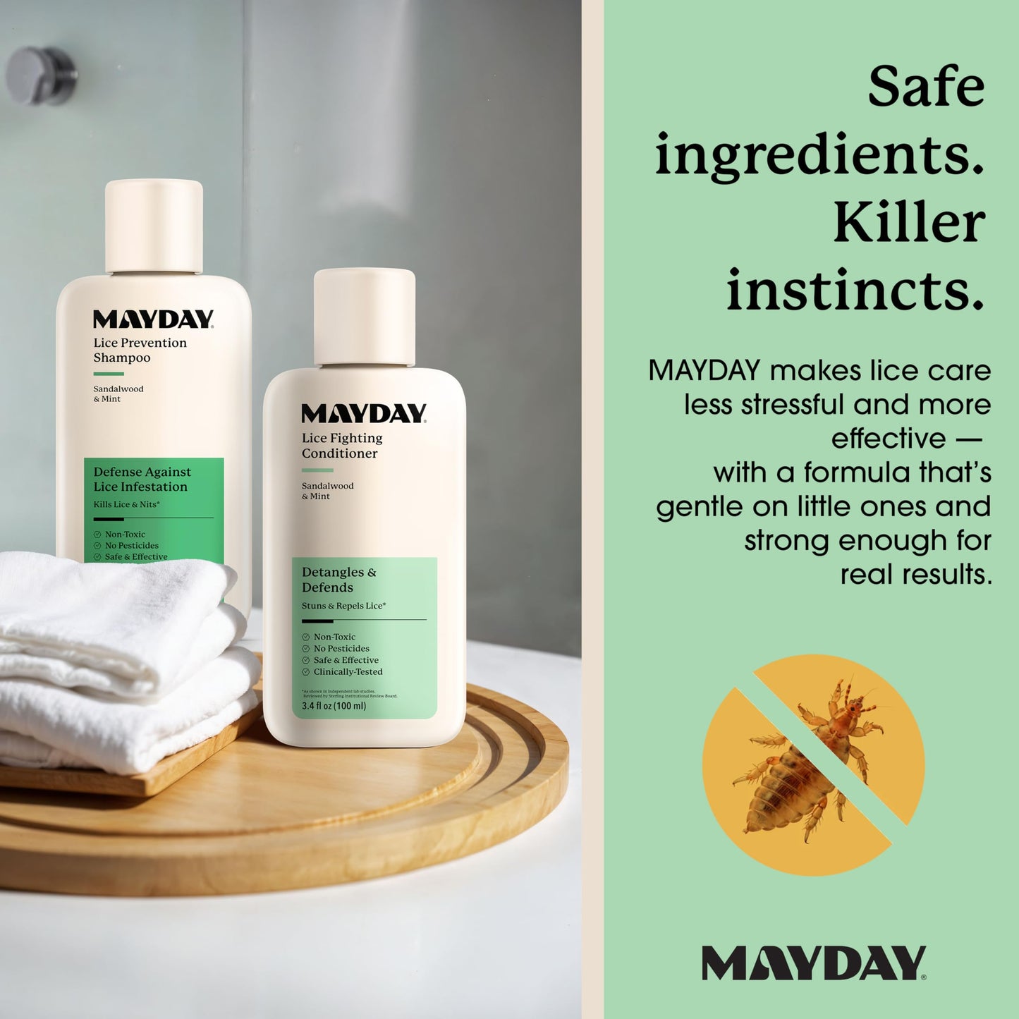 MAYDAY 3.4oz Lice Prevention Shampoo & Lice Fighting Conditioner Bundle - Sandalwood & Mint, Non-Toxic, Pesticide-Free, Scientifically Proven Treatment & Defense Against Lice, Safe for All Hair Types
