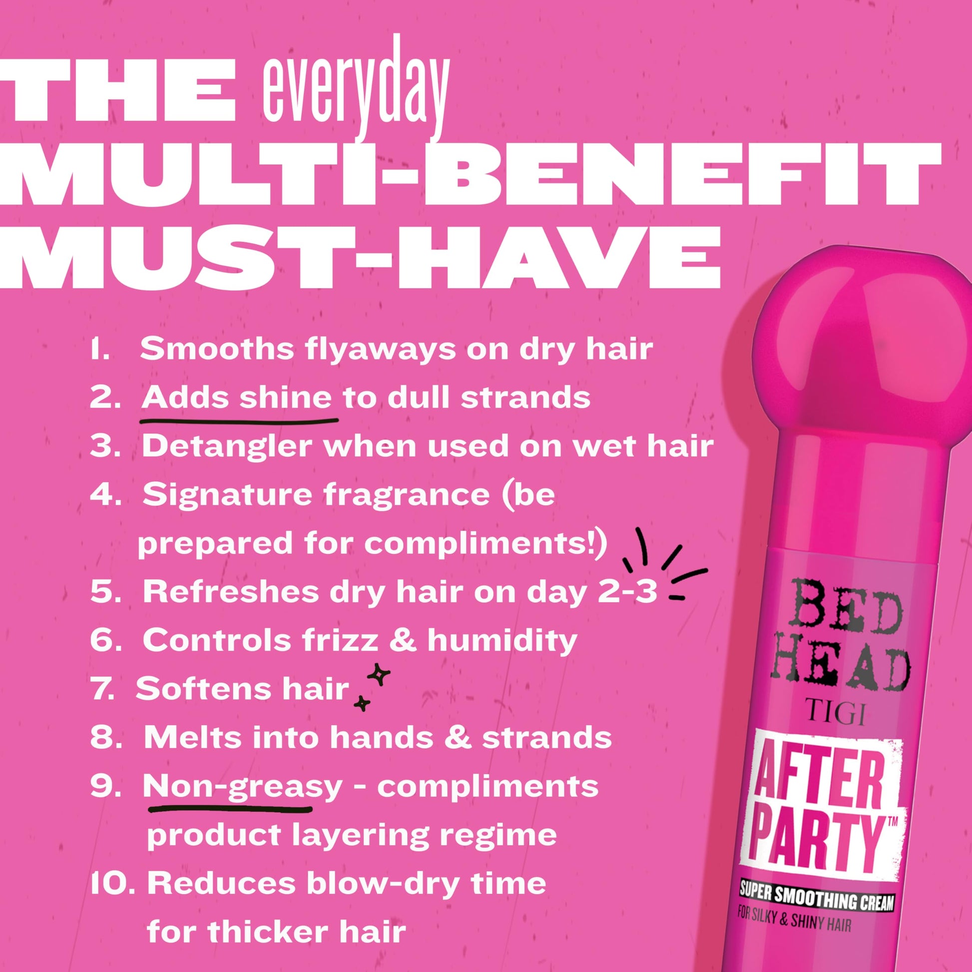 Hot Pink TIGI Bed Head After Party Super Smoothing Cream – Anti Frizz Hair Styling Product, Humidity Protection for Frizzy, Dull, or Coarse Hair, 3.38 fl oz