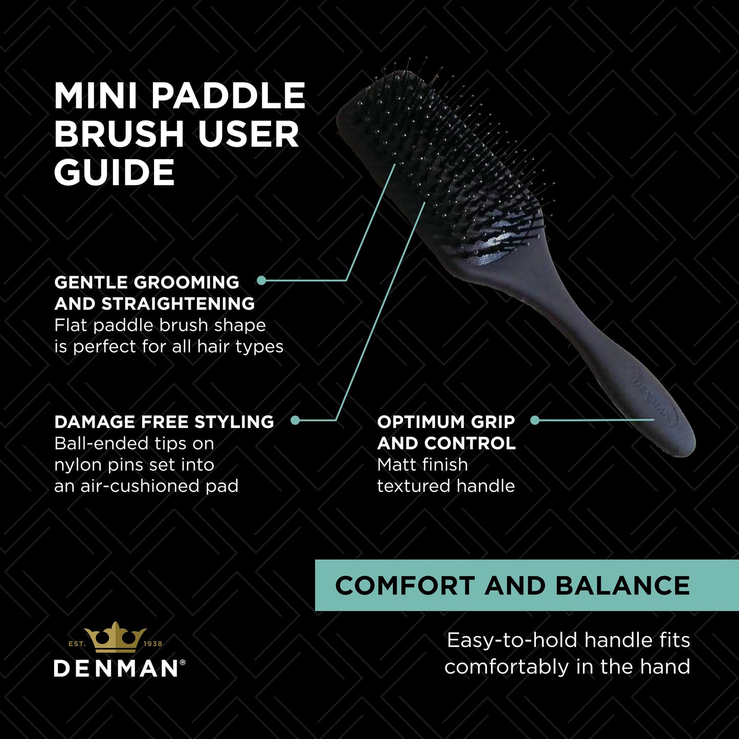 Brosse à cheveux Denman (noire) mini-coussin pour brushing, démêlage et voyage - Coiffage, lissage et lissage confortables - Pour femmes et hommes, D84