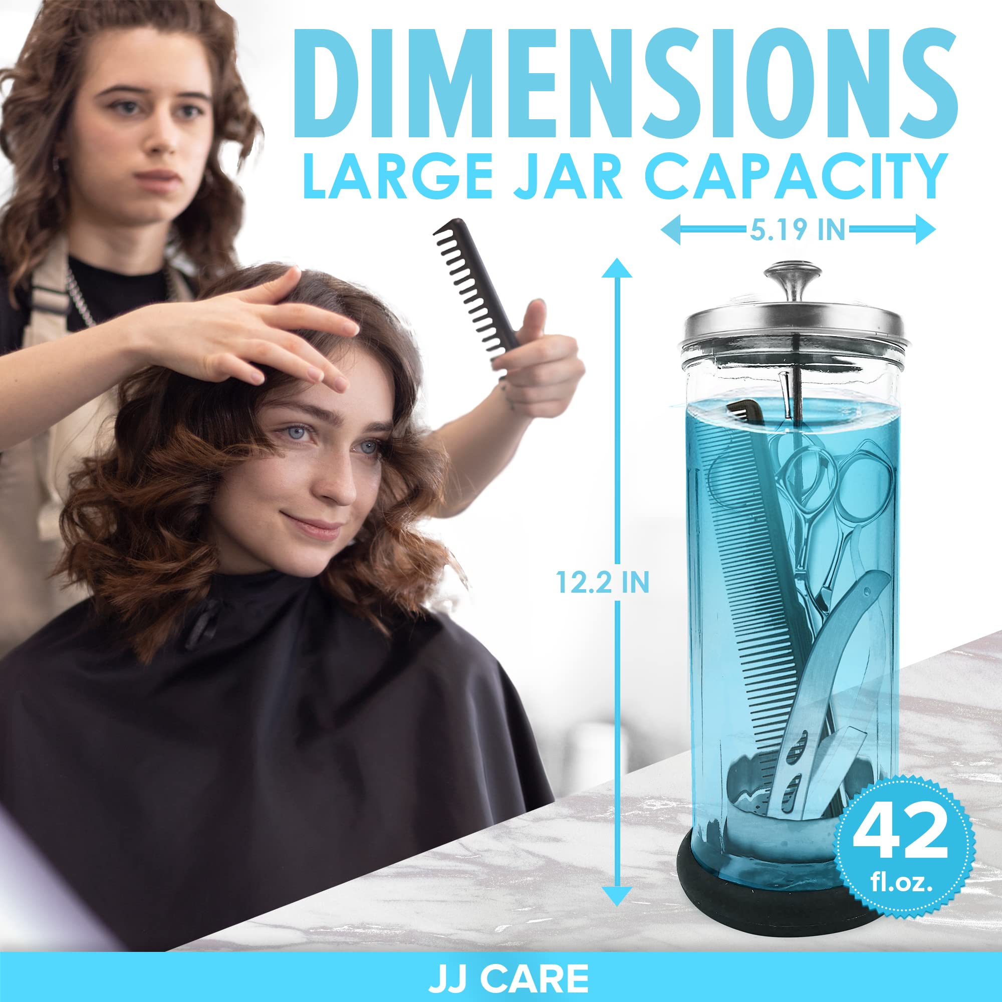 JJ CARE Disinfectant Jar (42oz) - Barber Disinfectant Jar Glass, Sanitizer Container w/Stainless Steel Removable Strainer & Cap for Manicure, Salon, Spa and Barber Tools - Silver Lid