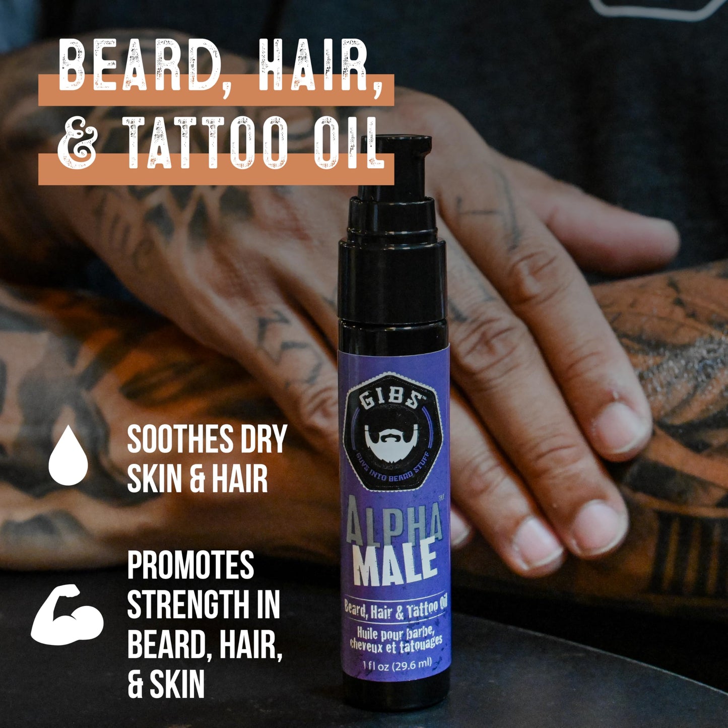 Black GIBS Grooming - Alpha Male Beard, Hair & Tattoo Oil (1 fl oz) - Softens, Strengthens, Protects - Skin Moisturizer - Vitamin C - UV Shield - Travel Size - Beard Oil, Hair Care, Skin Care - Made in USA