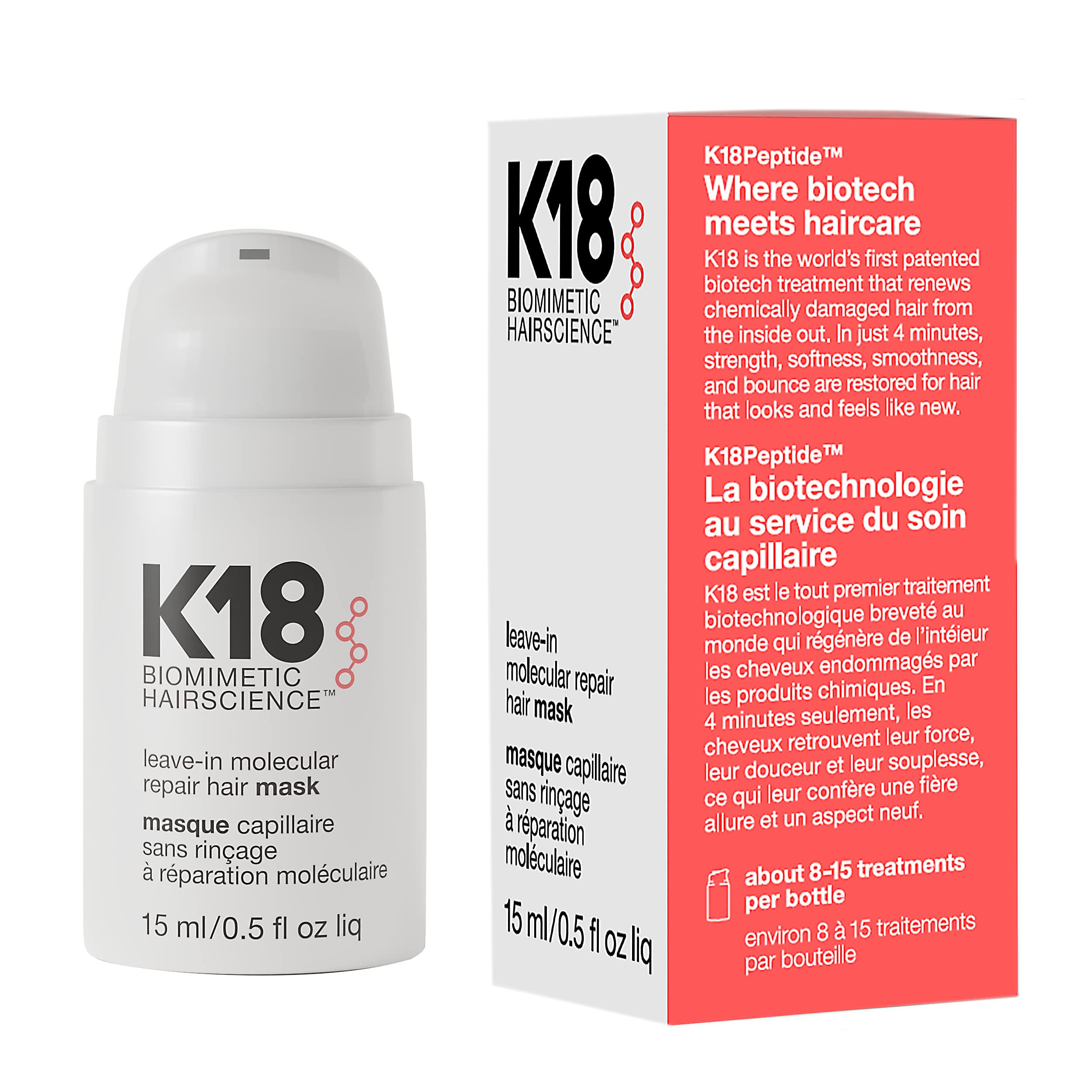 K18 Leave-In Molecular Repair Hair Mask, Patented, Lasting Repair For Dry, Frizzy, Damaged Hair, Reverse Damage In 4 Minutes From Bleach, Color, Chemical Services + Heat