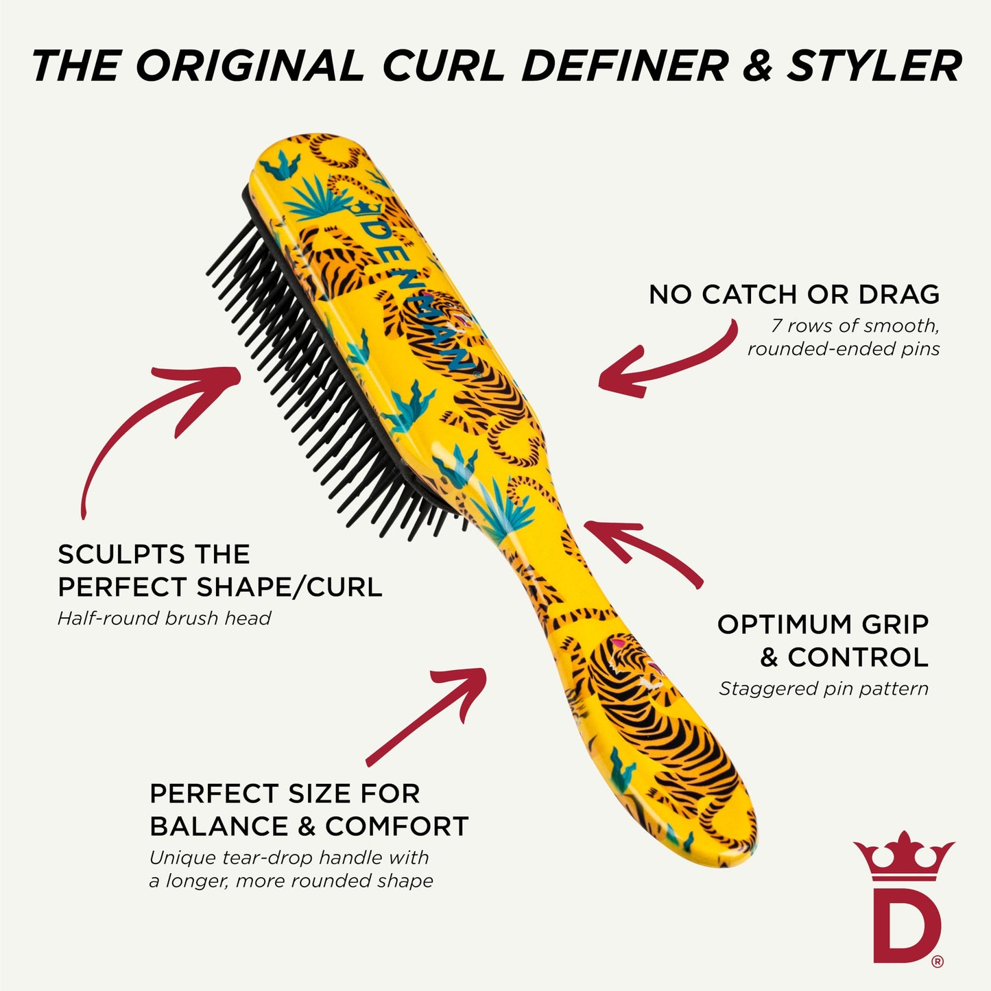 Denman Original Curl Definer &amp; Styler 7 排梳子，用于梳理、分离和定型卷发，卷发梳 - D3 Tiger