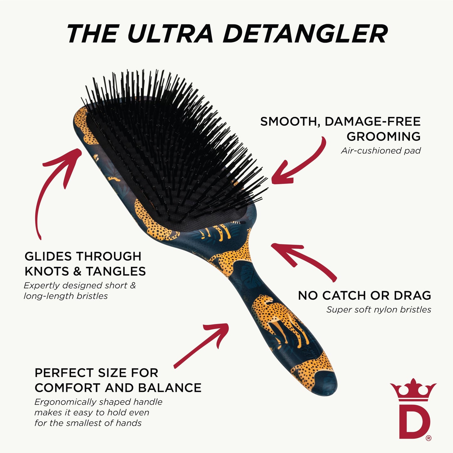 Denman Ultra Detangler Paddle Hairbrush, Best for Long Hair, Wigs and Extensions for Tug Free Detangling - (Leopard) D90L