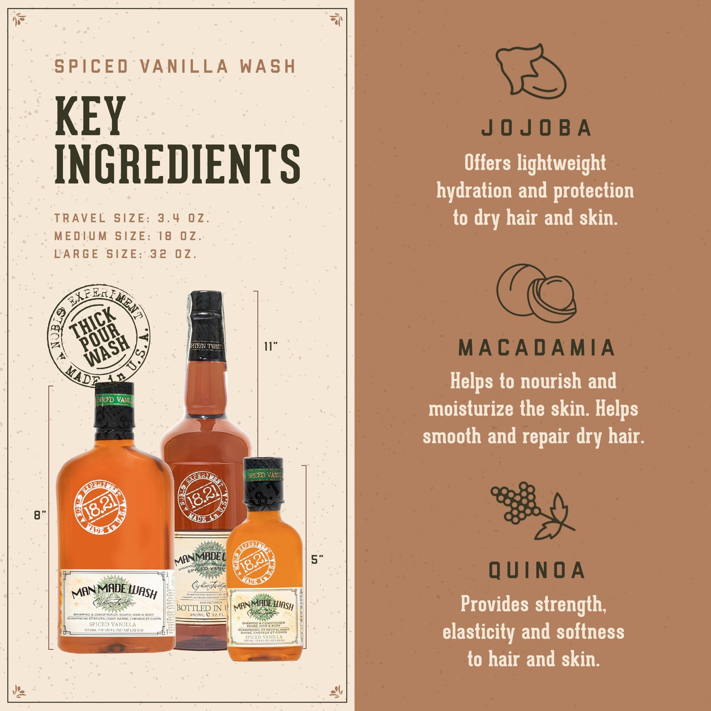 Antique White 18.21 Man Made Original Spiced Vanilla 3-in-1 Body Wash, Shampoo, & Conditioner for Men, All Hair & Skin Types, Strengthens and Moisturizes in a Manly Aroma, 18oz