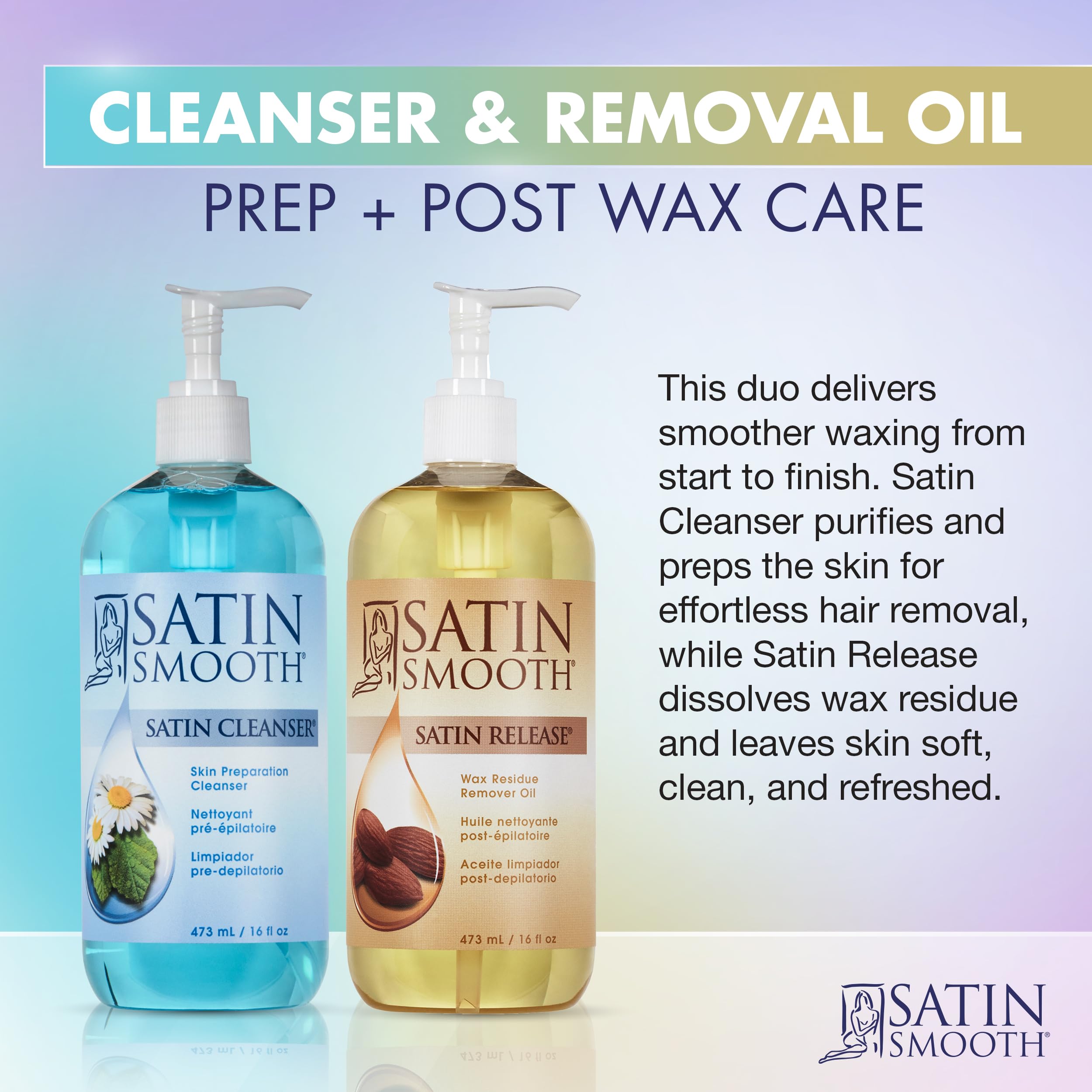 Satin Smooth Post Wax Oil, Wax Residue Remover + Satin Smooth Pre-Wax Cleanser, Skin Waxing Prep & Afterwax Care Duo, 16 fl oz