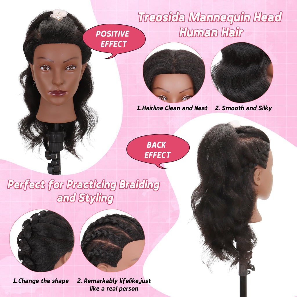 Mannequin Head 100% Real Human Hair Training Doll Head for Braiding Styling Cosmetology Practice with Clamp Stand (18 Inch)