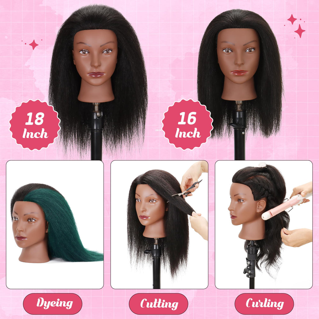 Mannequin Head 100% Real Human Hair Training Doll Head for Braiding Styling Cosmetology Practice with Clamp Stand (18 Inch)