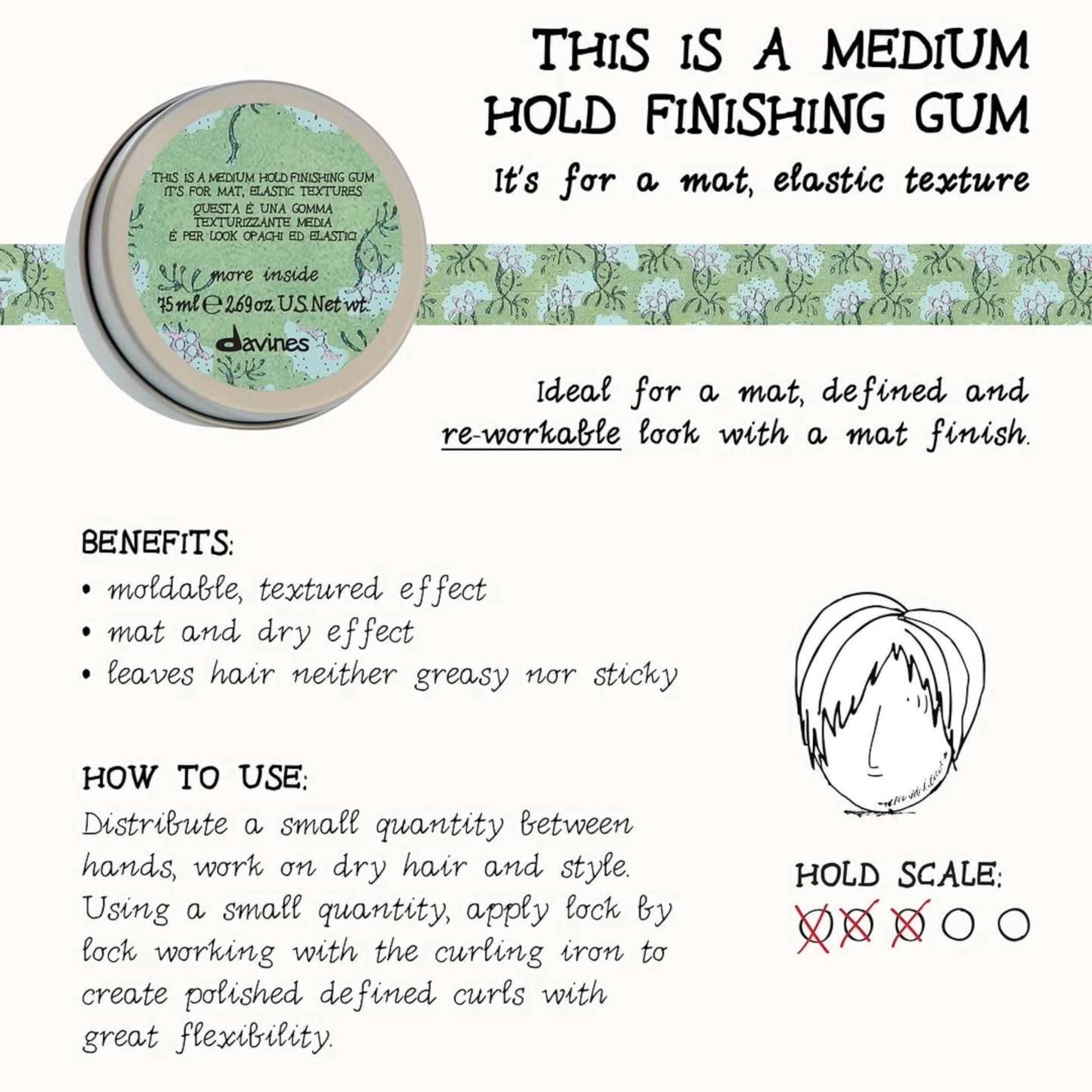 Davines This Is A Medium Hold Finishing Gum, Medium Hold Texture & Matte Finish - Dry Paste for Defined Styles - Workable & Remoldable, 2.54 Fl Oz
