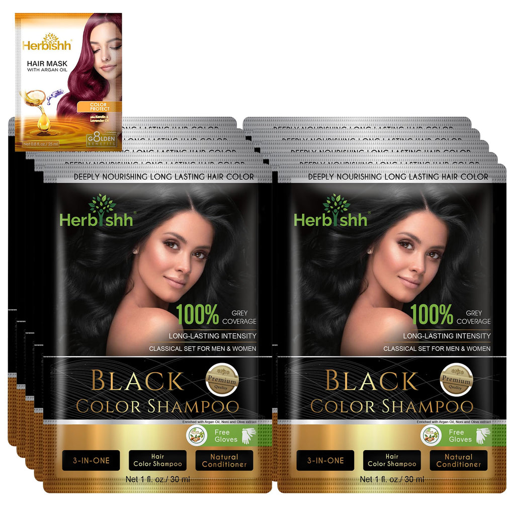 Herbishh Natural Hair Dye Shampoo with Argan Mask - Long-Lasting Color for Gray Hair - Travel Size, 10+1 Pack, Ammonia-Free (Black)