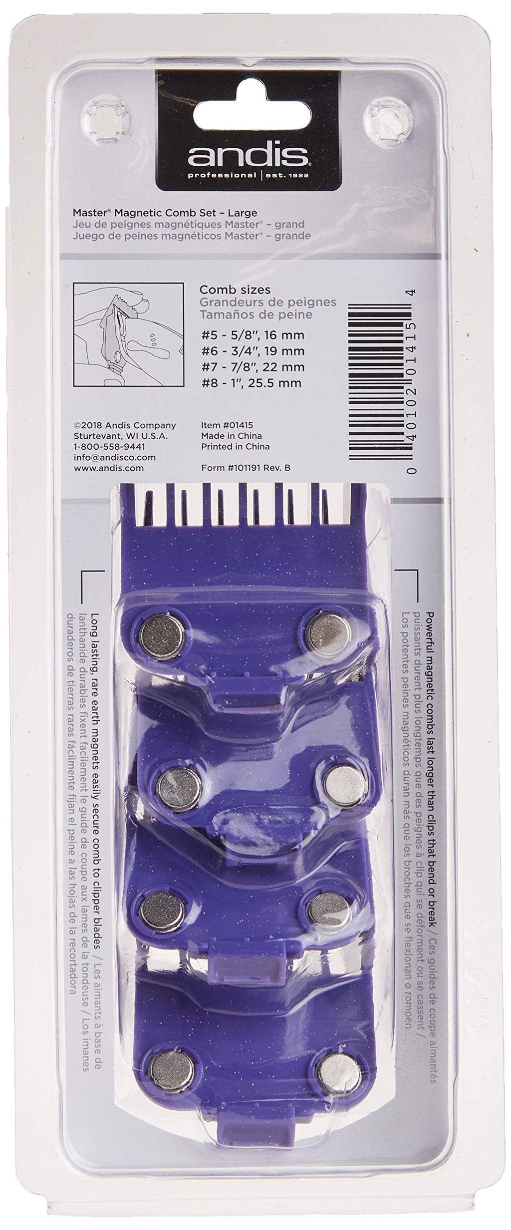 Andis 01415 Master Dual Magnet Large Comb Set - Crafted with High-Grade Metal, Contains 4 Different Size Combs - Providing a Comfortable & Snag-Free Experience - Purple