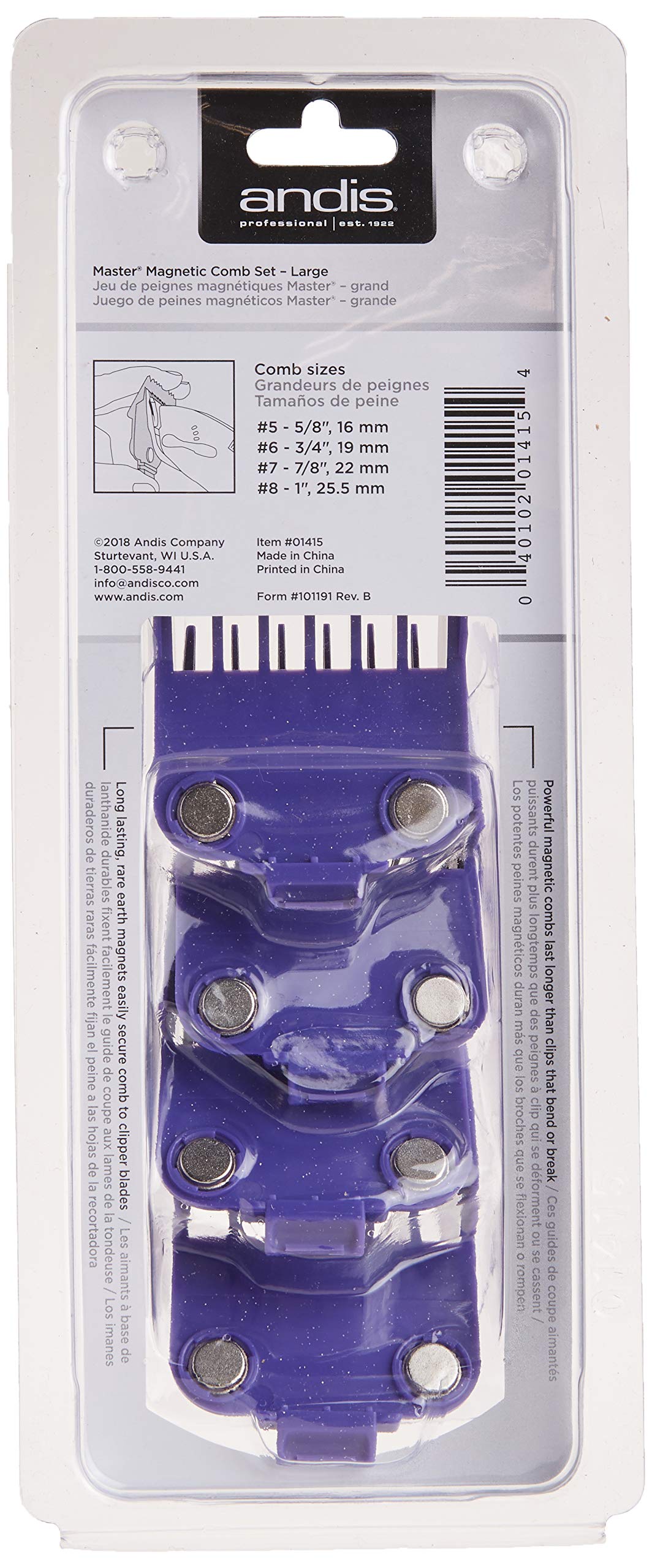Andis 01415 Master Dual Magnet Large Comb Set - Crafted with High-Grade Metal, Contains 4 Different Size Combs - Providing a Comfortable & Snag-Free Experience - Purple