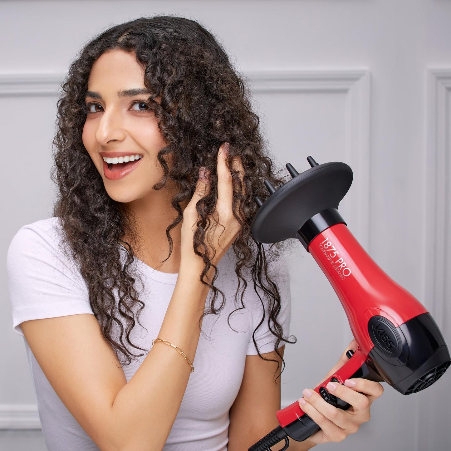 KISS 1875 Watt Pro Tourmaline Ceramic Hair Dryer, Styling Edition, 3 Heat Settings, 2 Speed Settings, Cool Shot Button, 7 Blow Dryer Accessories Included, 2-Year Warranty - Red