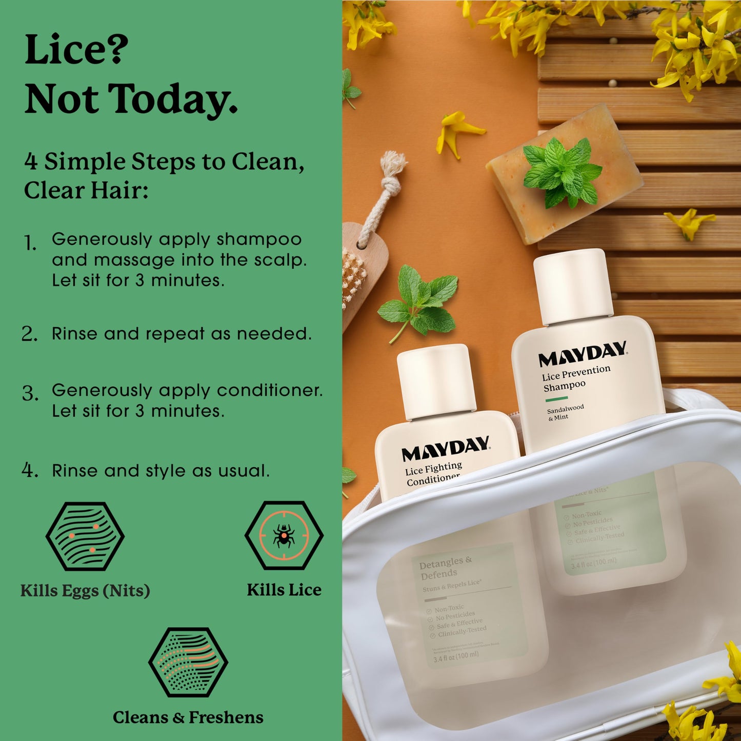 MAYDAY 3.4oz Lice Prevention Shampoo & Lice Fighting Conditioner Bundle - Sandalwood & Mint, Non-Toxic, Pesticide-Free, Scientifically Proven Treatment & Defense Against Lice, Safe for All Hair Types