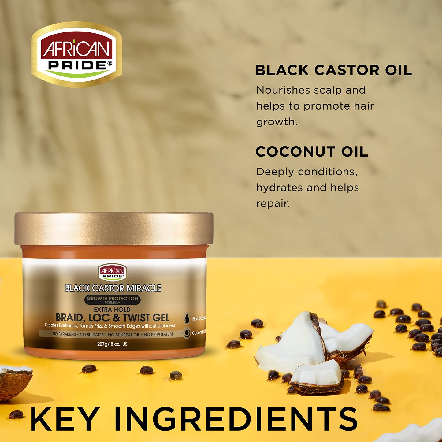 African Pride 黑蓖麻奇迹超强定型辫子、定型、扭发啫喱，可抚平毛躁和边缘，不含对羟基苯甲酸酯、硫酸盐、矿物油或凡士林，含有黑蓖麻油和椰子油