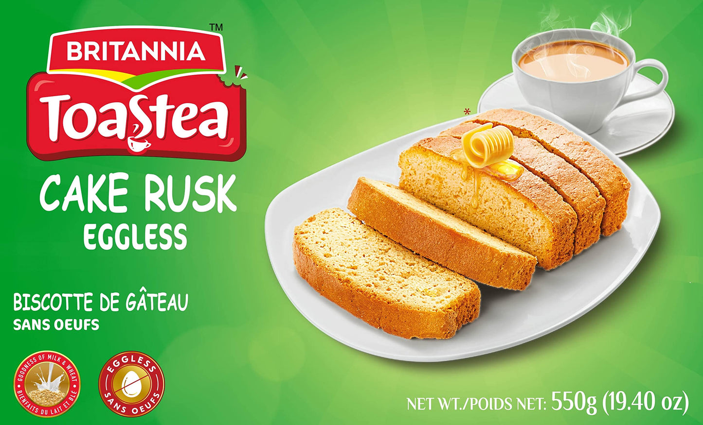 Lime Green BRITANNIA Toastea Eggless Rusk Cake 19.40oz (550g) - Delightfully Smooth, Soft, and Delicious Cake - Breakfast & Tea Time Snacks (Pack of 4)