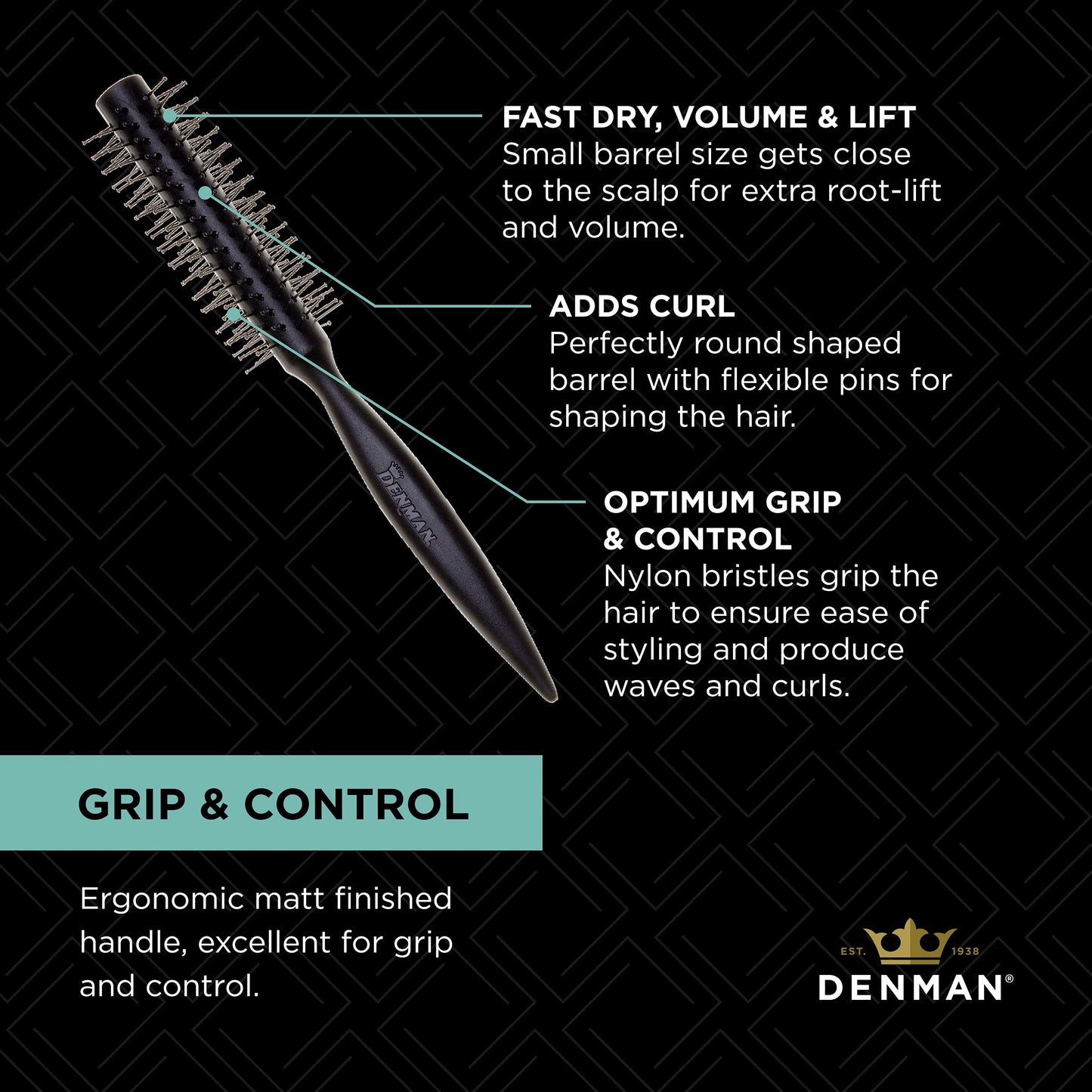 Denman Curling Vented Barrel Round Hair Brush with Nylon Bristles for Fast Drying, Volume and Creating Movement in the Hair, Black, D73