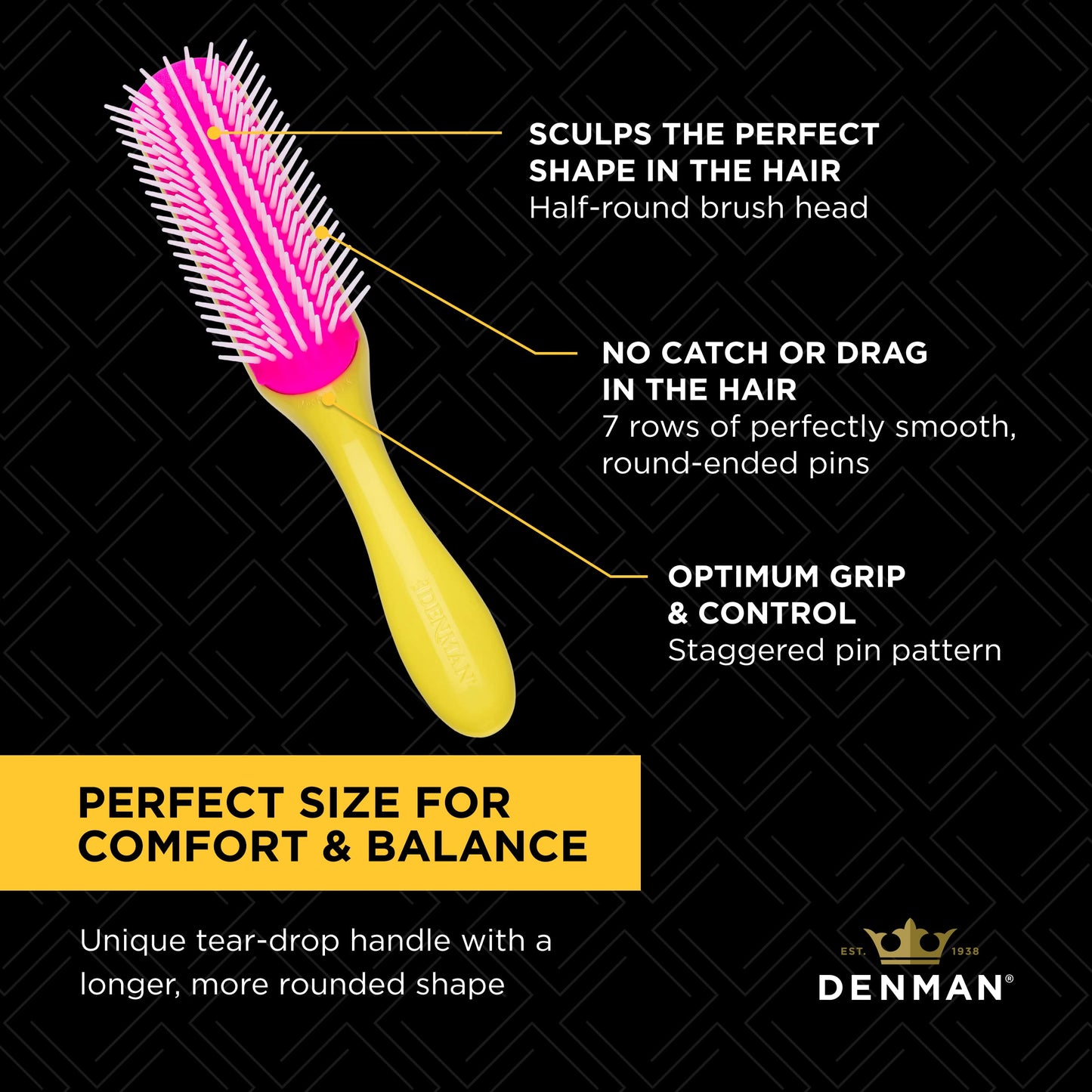 Denman Hair Brush for Curly Hair D3 (Honolulu Yellow) 7 Row Styling Brush for Blow-Drying