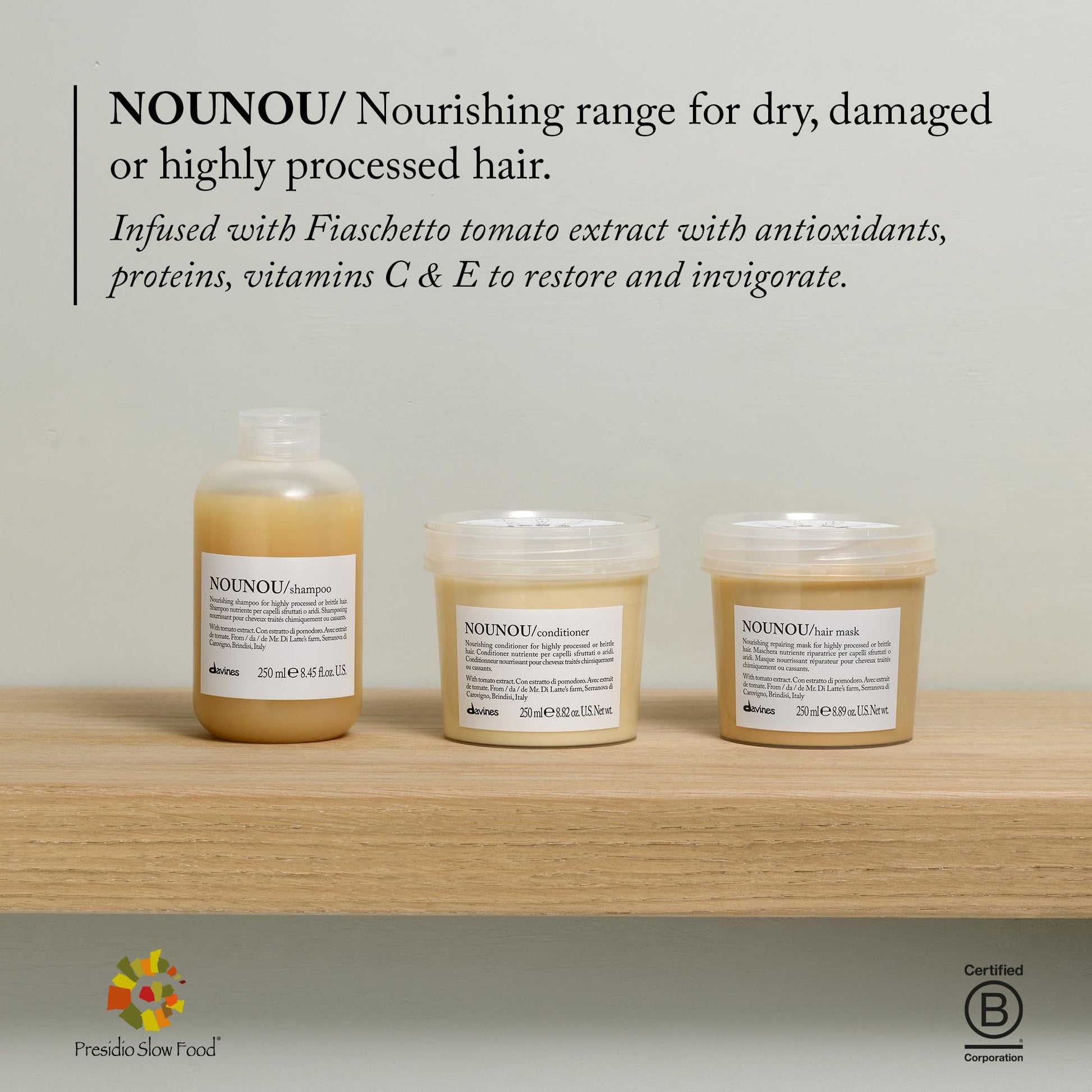 Gray Davines NOUNOU Shampoo, Hydrating Gentle Cleansing Action for Highly-Processed, Chemically Treated, Dry, Damaged or Brittle Hair - Deep Nourishment Restores Softness with Tomato Extract, 8.45 Fl Oz