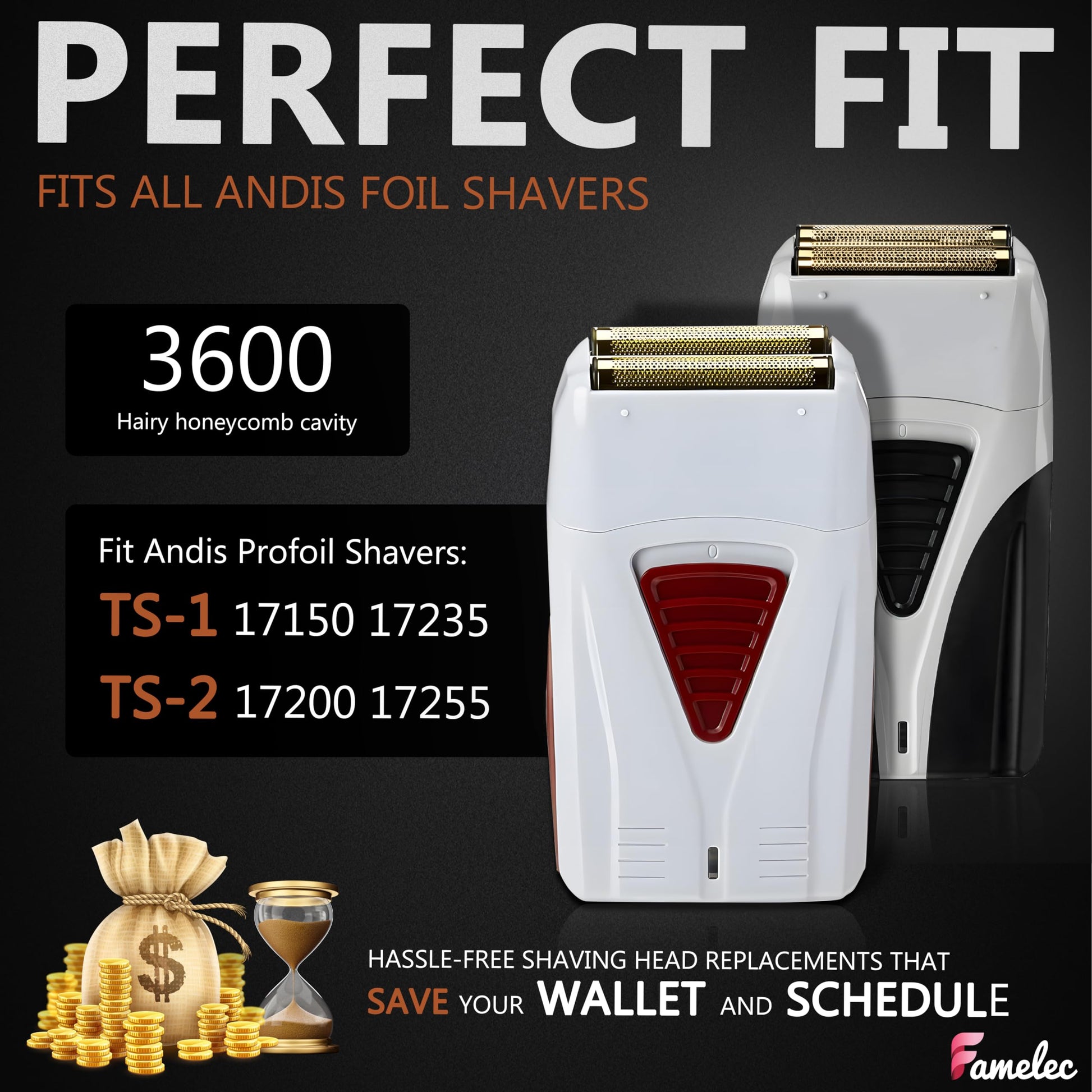 Black FAMELEC 2 Pack for Andis Shaver Foil TS-1 TS-2, ProFoil Lithium Shaver Replacement Titanium Foil Assembly and Inner Cutters Compatible with Andis Smooth Shaving Cordless Shavers