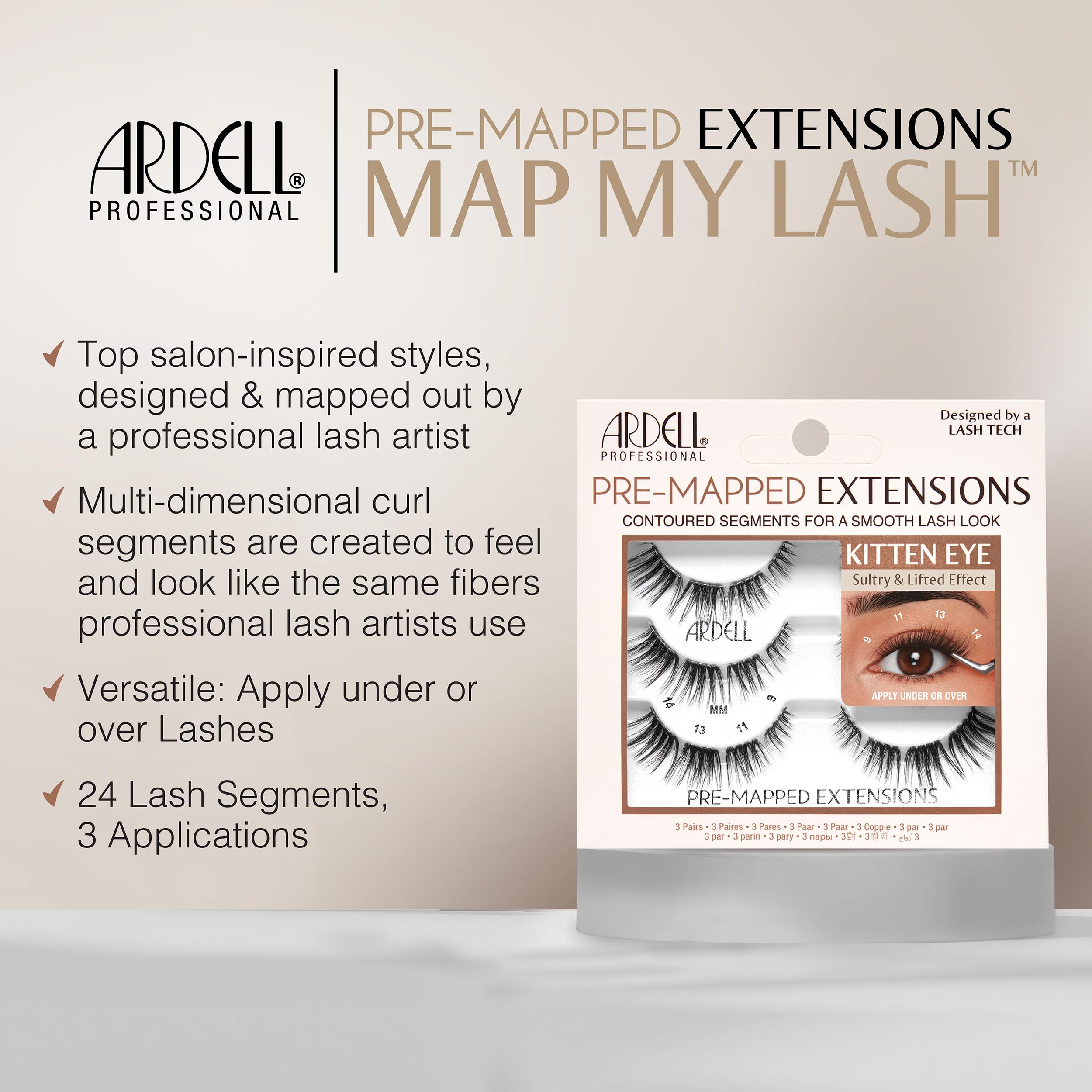 Ardell Pre-Mapped Eyelash Extensions - False Lashes Kitten Eye, Reusable Segmented Lash Strips, Natural-Looking Lash Extensions, 3 Pack