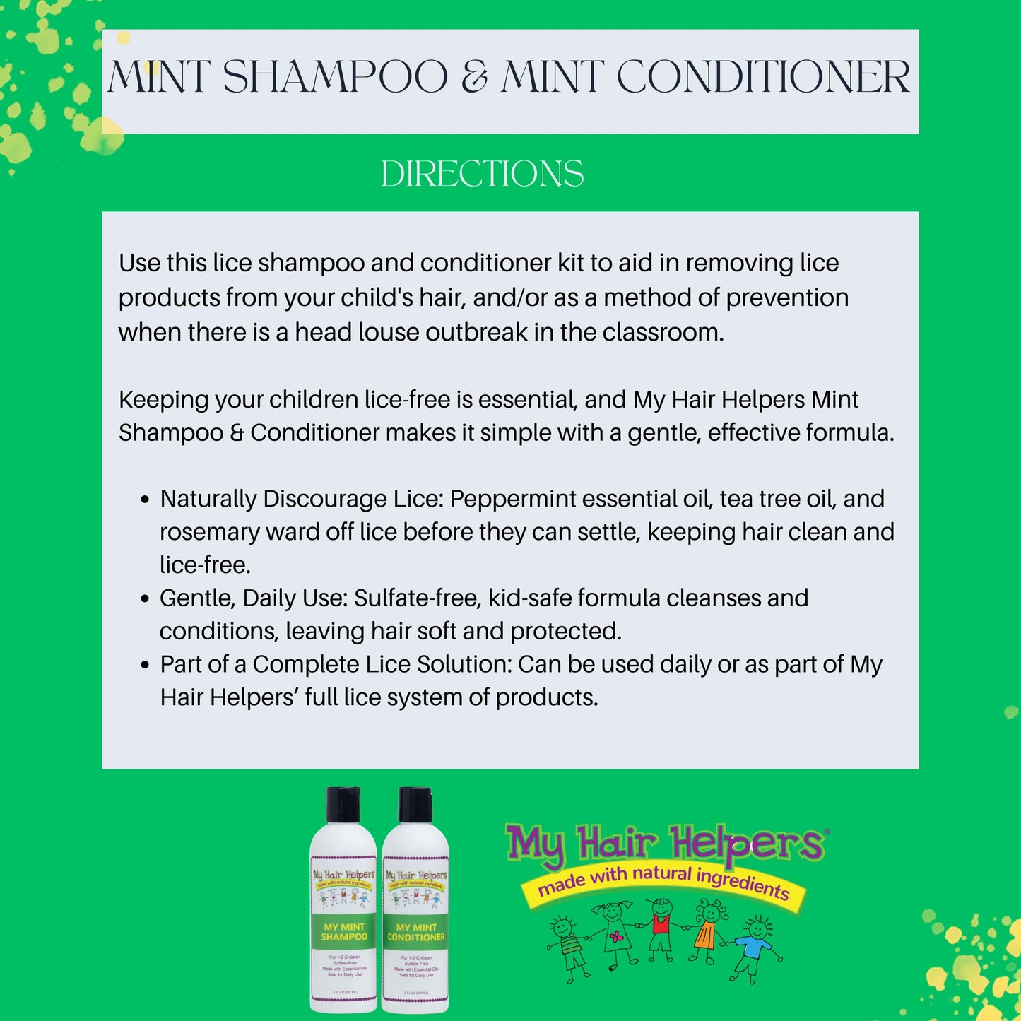 My Hair Helpers Anti Lice Prevention Shampoo and Conditioner Set for Kids, Mint, Neem, Rosemary, Daily Defense, Works on 1-2 Children, 8 Ounces Each