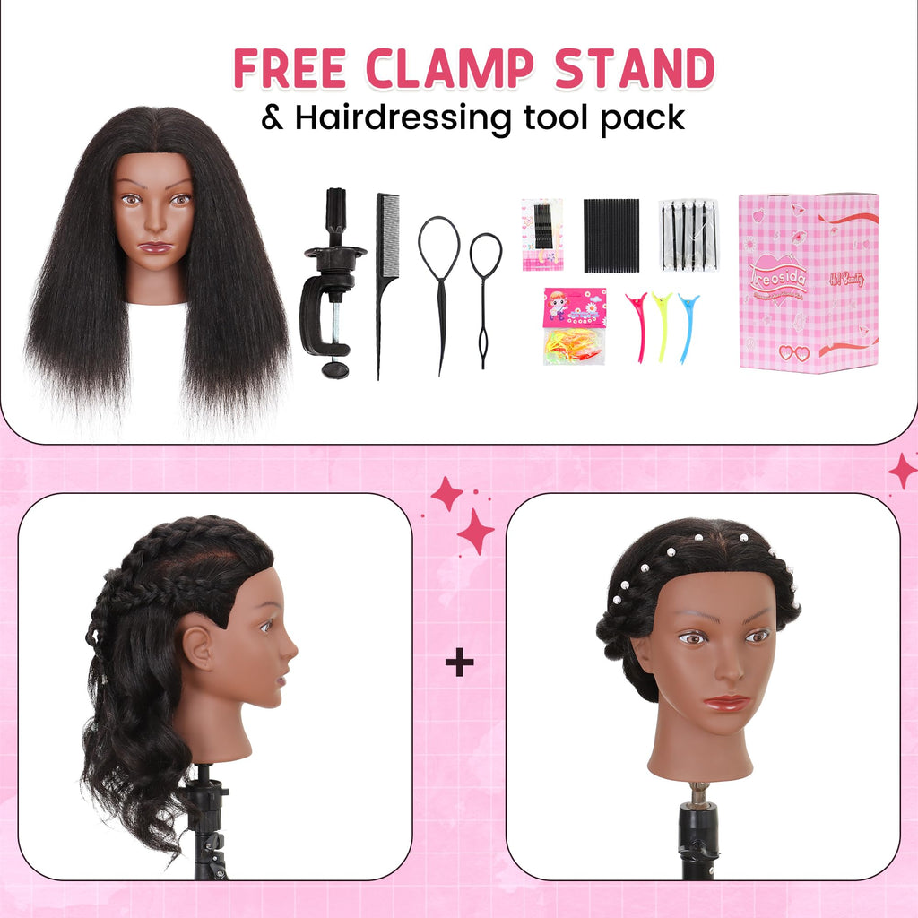 Mannequin Head 100% Real Human Hair Training Doll Head for Braiding Styling Cosmetology Practice with Clamp Stand (18 Inch)