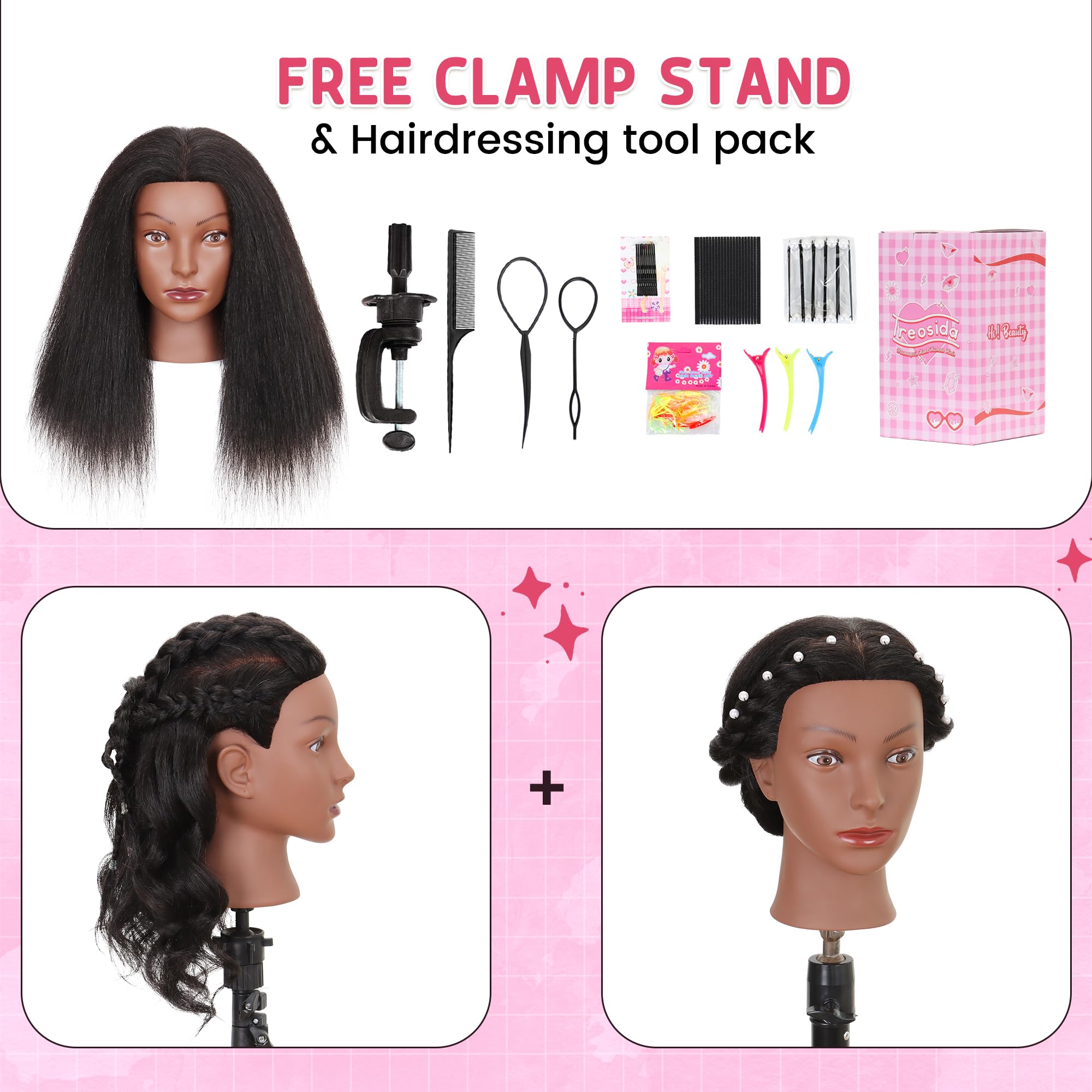 Mannequin Head 100% Real Human Hair Training Doll Head for Braiding Styling Cosmetology Practice with Clamp Stand (18 Inch)