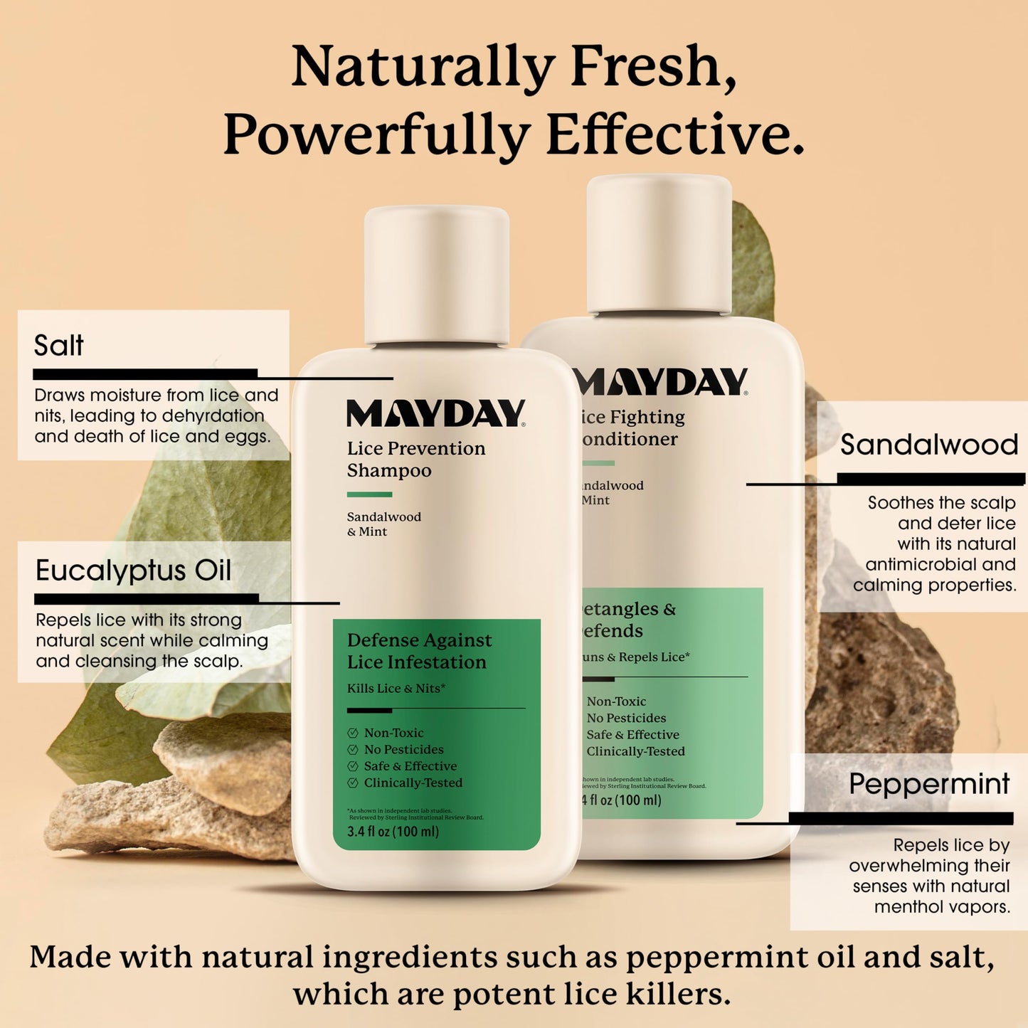 MAYDAY 3.4oz Lice Prevention Shampoo & Lice Fighting Conditioner Bundle - Sandalwood & Mint, Non-Toxic, Pesticide-Free, Scientifically Proven Treatment & Defense Against Lice, Safe for All Hair Types