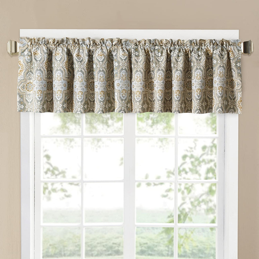 Home Soft Things Lanza Printed Valance Set of 2 Panels 60" x 18", Gray Blue Yellow Window Curtain Valance Drapes for Kitchen Bedroom Living Room Bathroom Decor with Rod Pocket